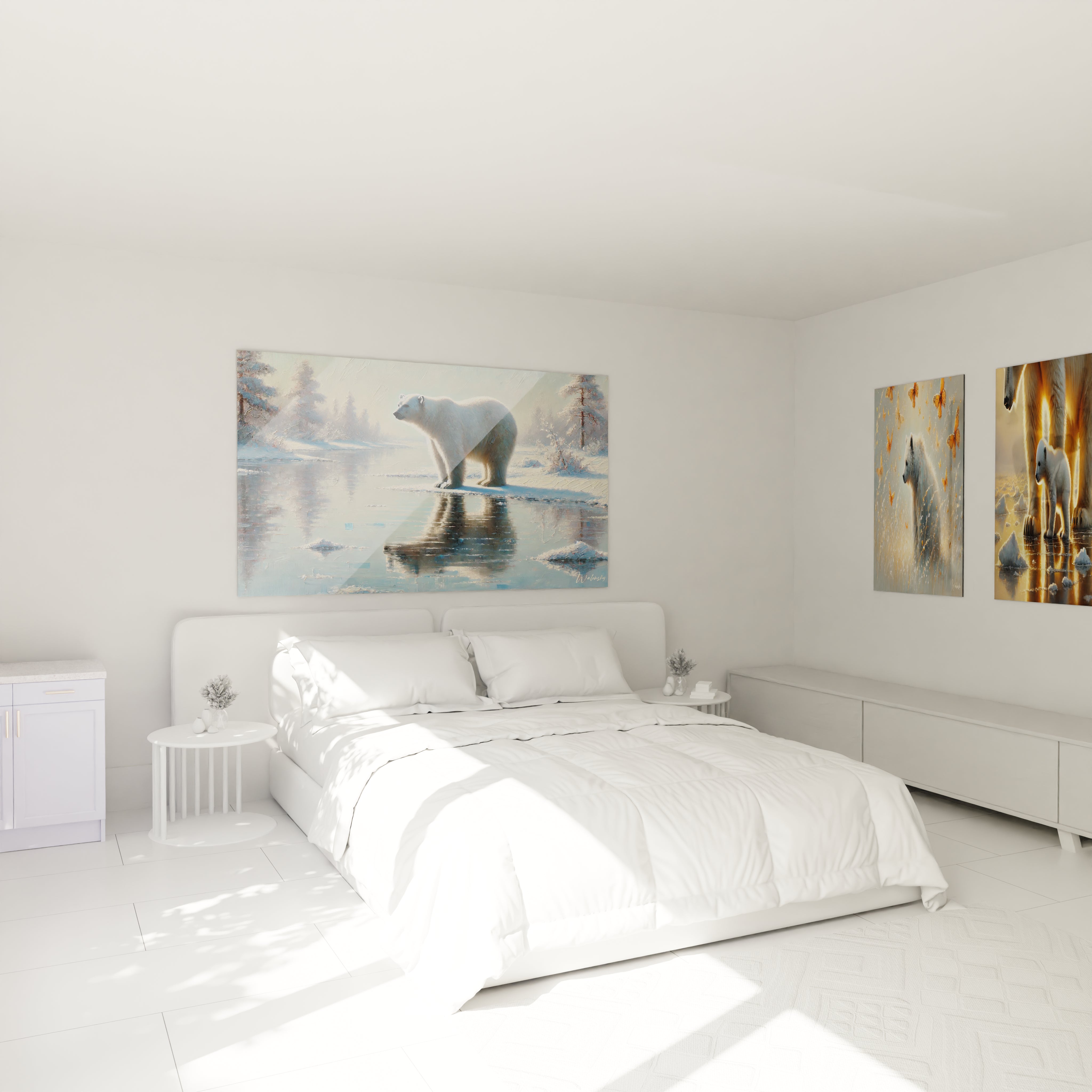 Ce tableau ours polaire transforme votre chambre en un havre de paix, grâce à son atmosphère apaisante et à ses nuances glacées. Un ajout parfait pour une décoration relaxante.

