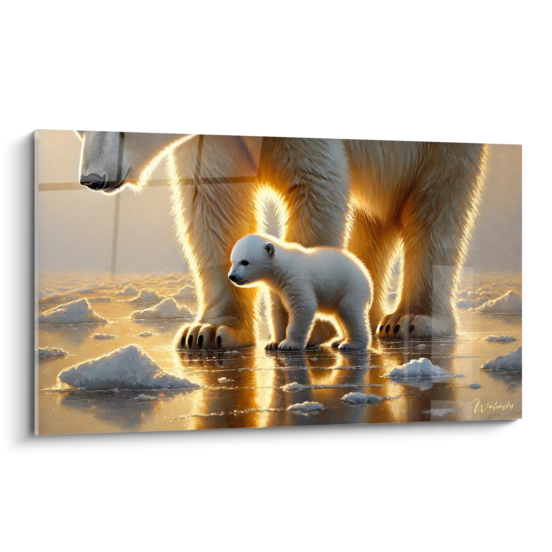 Apportez une touche de majesté à votre intérieur avec ce tableau ours polaire. Sa scène captivante d'une mère et son ourson, baignée de lumière dorée, illumine chaque espace avec douceur.

