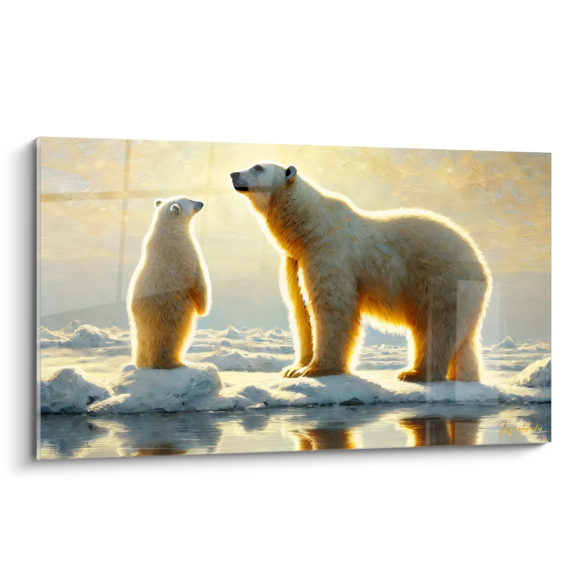 Ce tableau ours polaire capture la majesté de la faune arctique avec une scène parent-enfant sur la glace. Un ajout captivant à toute décoration inspirée par la nature et les grands espaces polaires.

