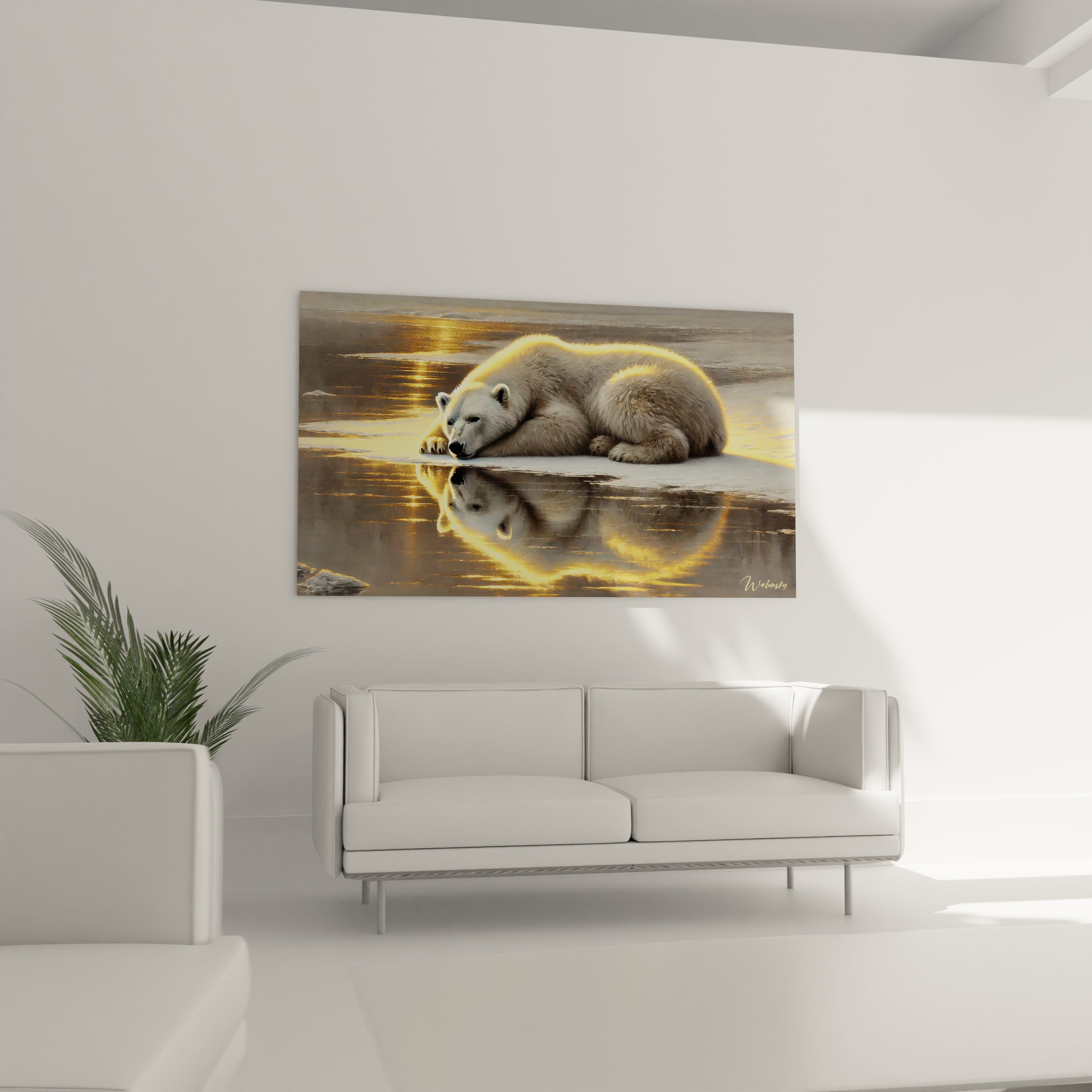 "Dans votre salon, ce tableau ours polaire devient une pièce maîtresse. Il introduit une ambiance chaleureuse avec ses couleurs douces et son reflet doré sur l'eau glacée. Un ajout élégant pour tout espace."

