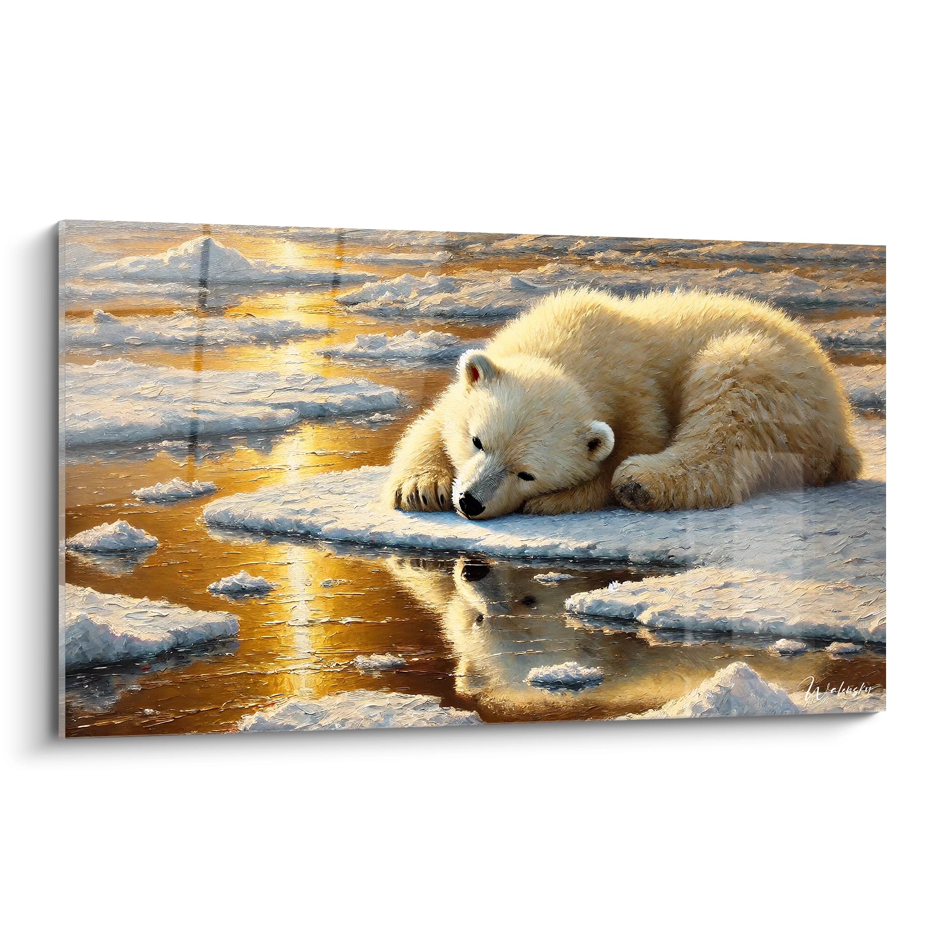 Ce tableau ours polaire reflète la beauté arctique avec une lumière dorée douce. Chaque détail est travaillé pour capturer la sérénité de la scène. Un ajout parfait pour une ambiance calme et élégante.

