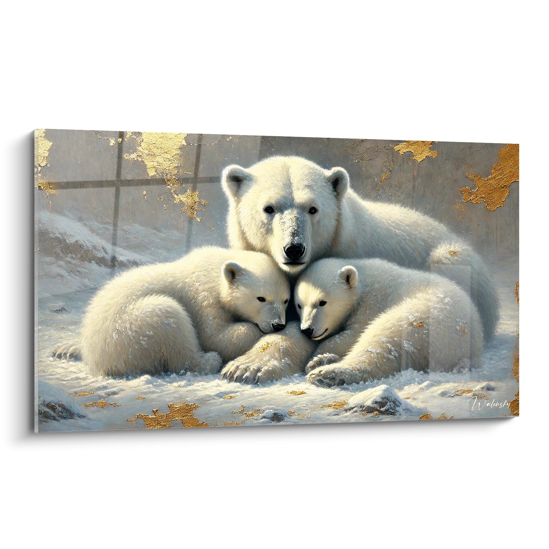 Sublimez votre espace avec ce tableau ours polaire. Vue de biais, les détails dorés ajoutent un éclat raffiné à cette scène polaire, parfaite pour toute décoration inspirée par la nature.

