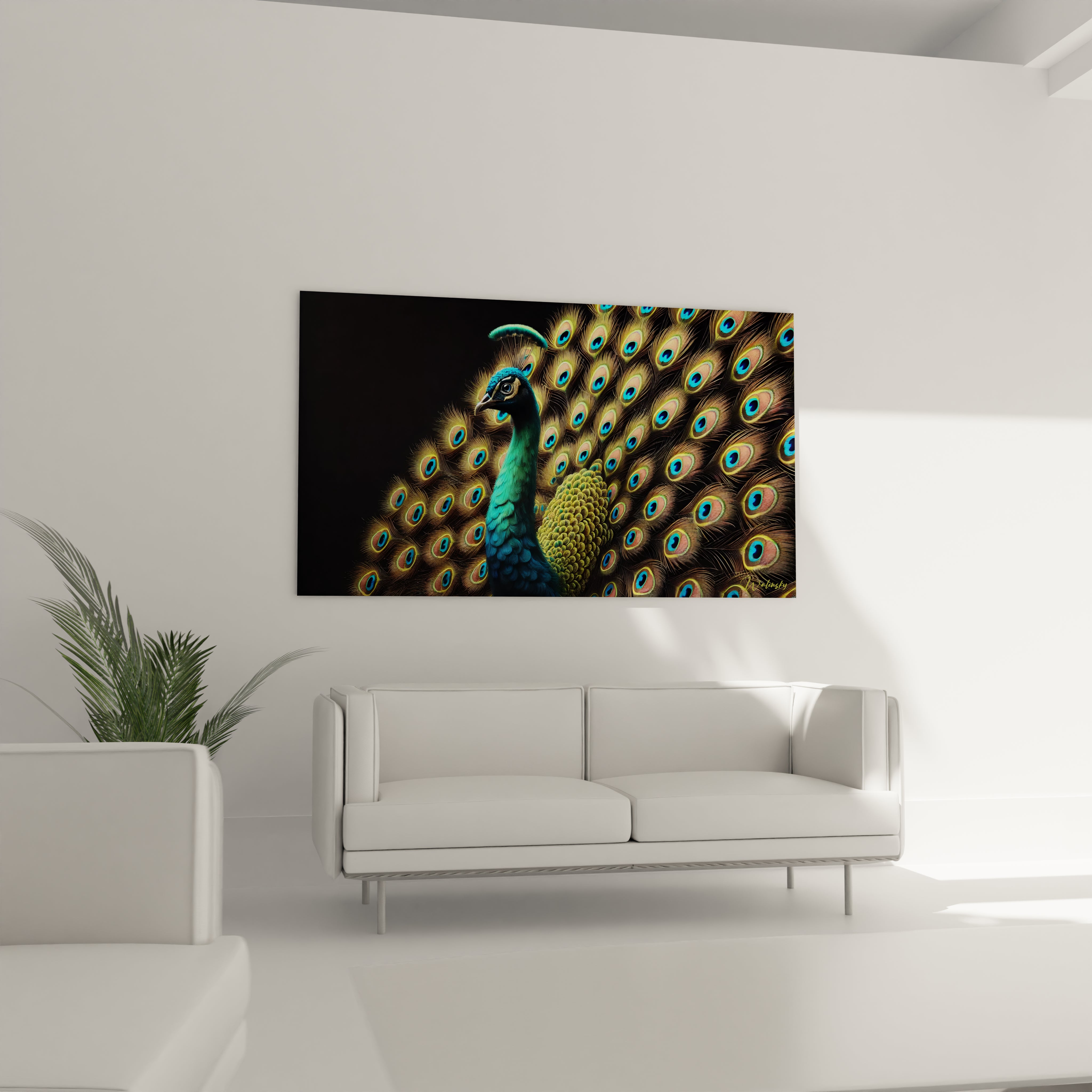 Sublimez votre salon avec ce tableau paon au-dessus du canapé. L’éclat des plumes et la profondeur des couleurs créent un point focal captivant pour une deco moderne et exotique.