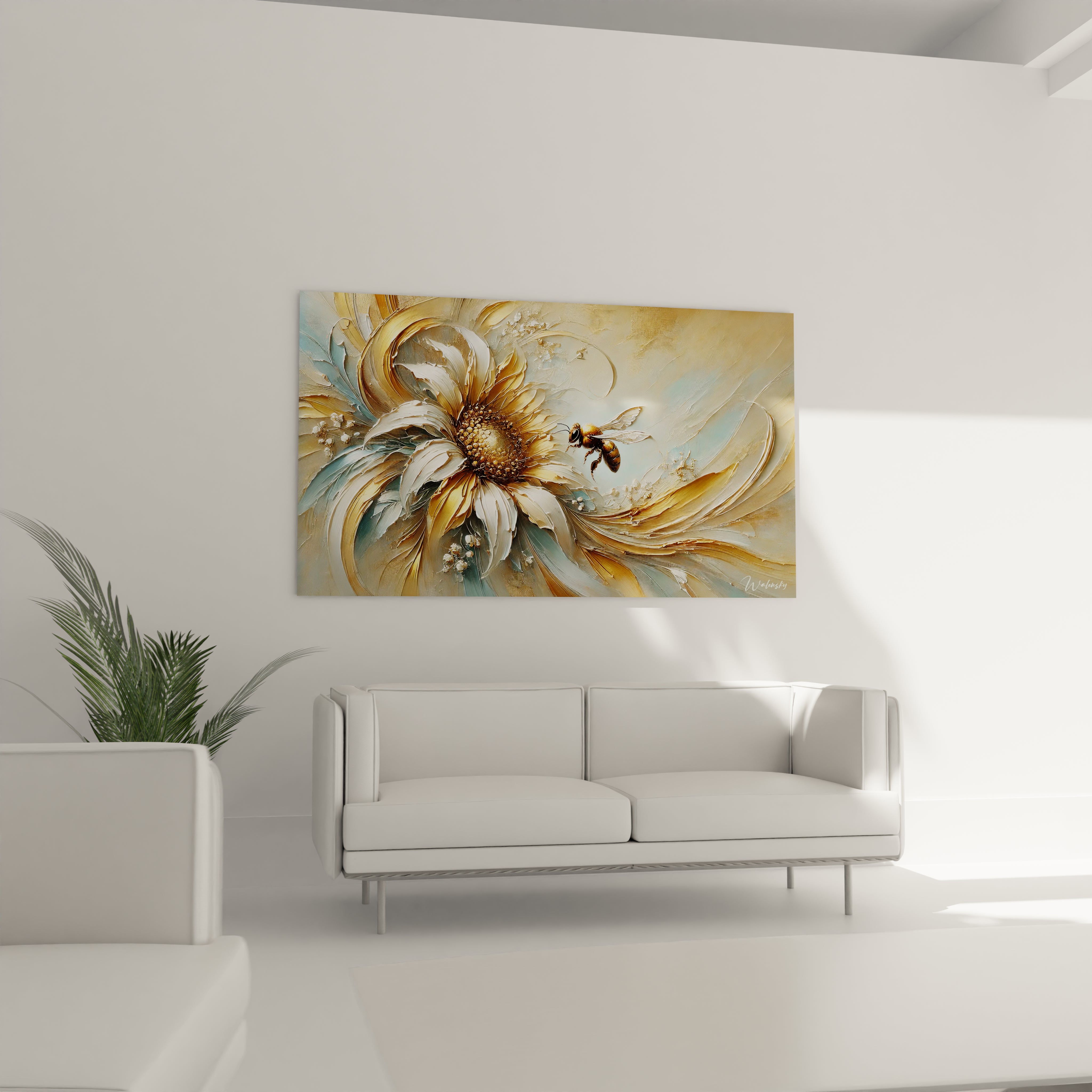 Accroché dans votre salon, ce tableau abeille sublime l'espace avec ses couleurs douces et ses détails délicats. Une pièce maîtresse idéale pour une déco harmonieuse.

