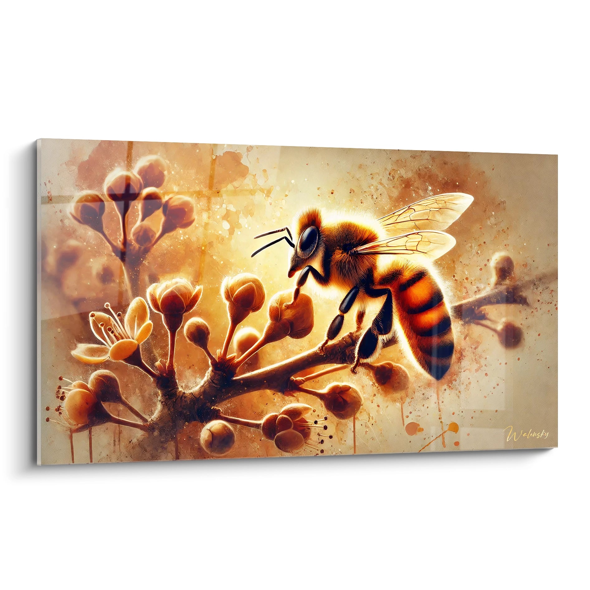 Le tableau abeille capture la beauté minutieuse de la nature. Vue de biais, cette œuvre contemporaine met en lumière l'importance des abeilles dans notre écosystème avec des couleurs vibrantes.

