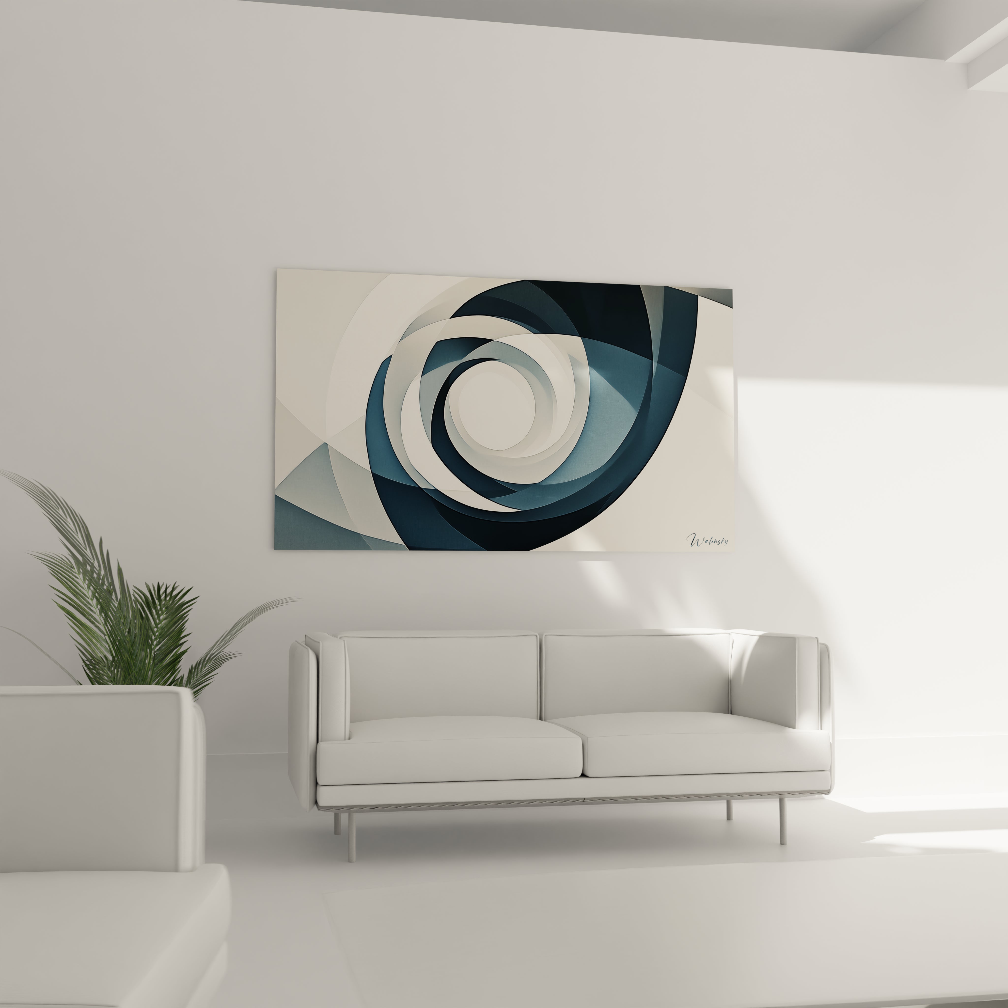 Un tableau abstrait spirale géométrique aux lignes précises formant un vortex bleu et blanc, composé de segments angulaires qui s'enroulent vers un centre lumineux, créant un contraste saisissant entre les zones claires et foncées.
