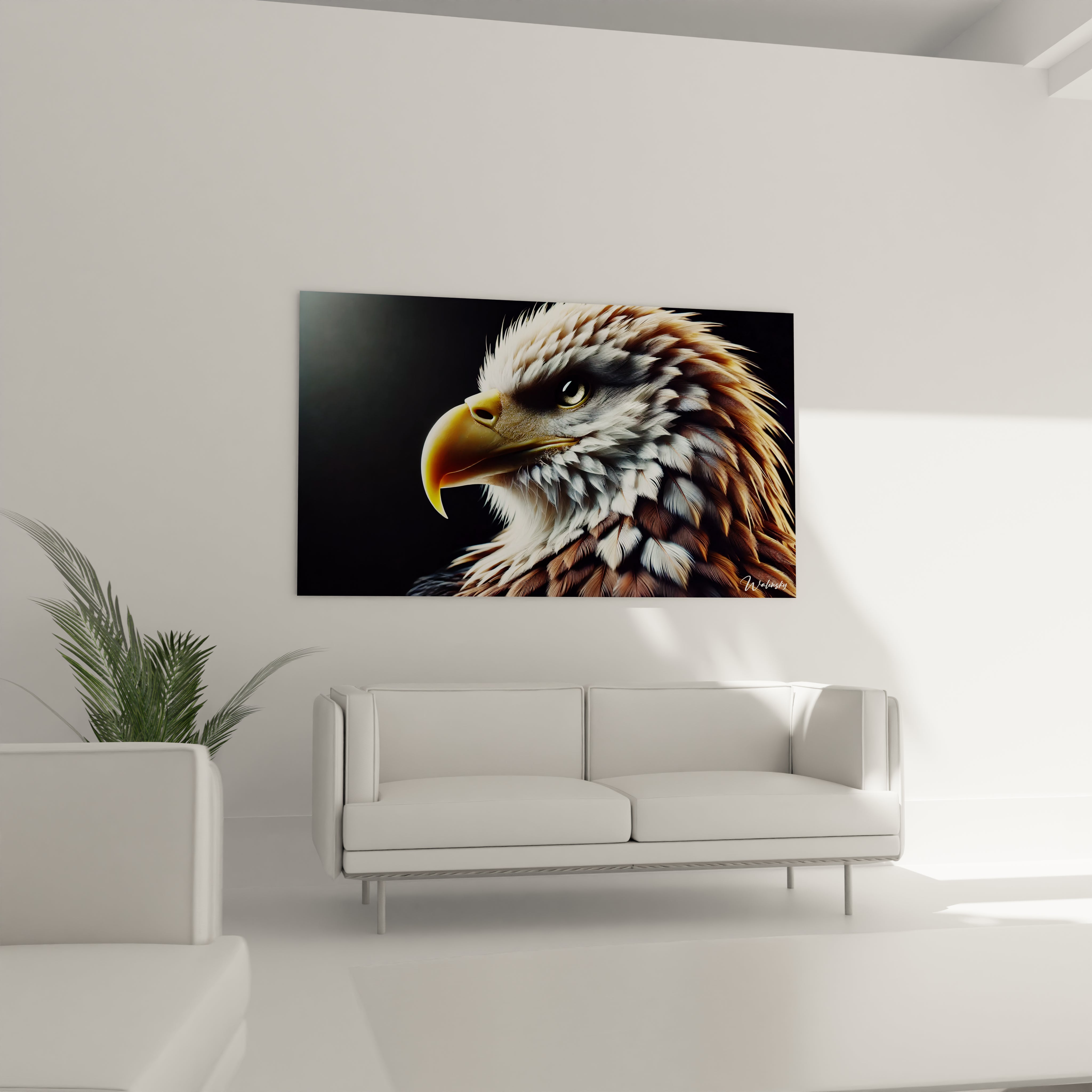 Le tableau aigle au-dessus du canapé dans ce salon crée une ambiance majestueuse. La précision des détails et les contrastes de couleurs captivent l’attention, ajoutant une dimension intemporelle à la pièce.

