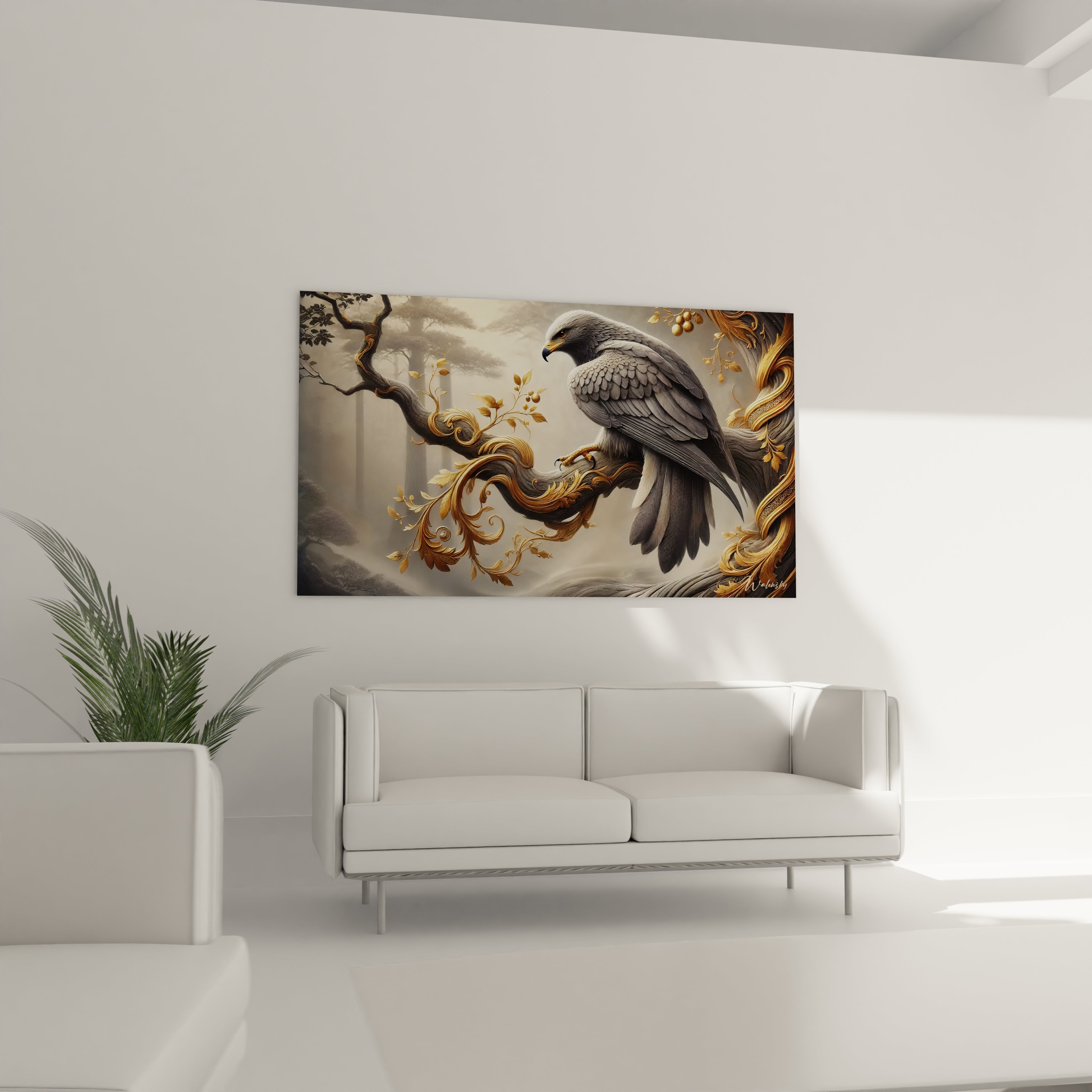 Le tableau aigle au-dessus du canapé ajoute une touche raffinée à votre salon. Un mariage parfait entre nature sauvage et art ornemental, dans des tons gris, or et noir.

