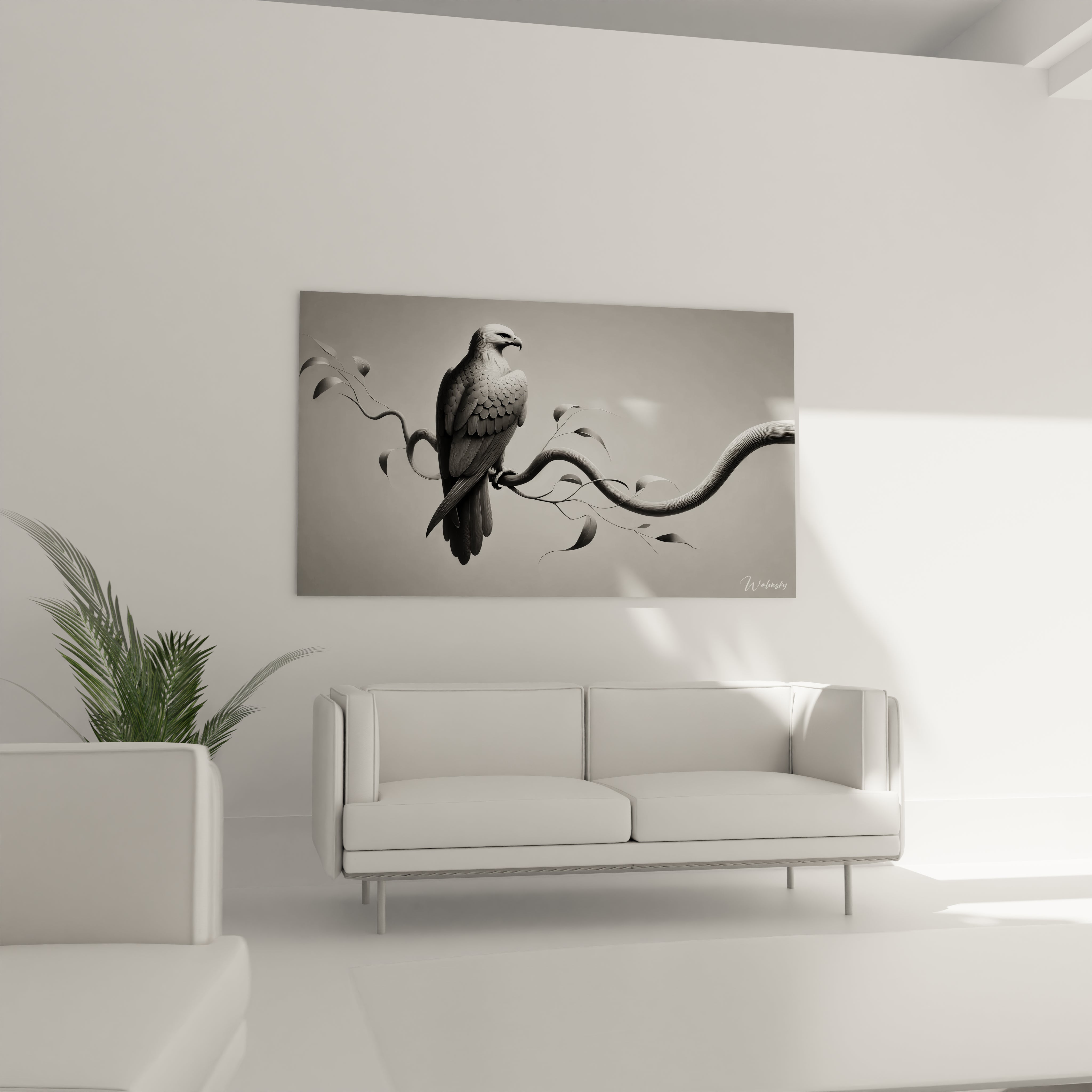 Le tableau aigle au-dessus du canapé dans ce salon minimaliste attire l'œil par sa simplicité et sa force. La palette monochrome rehausse la décoration avec un style chic et contemporain

