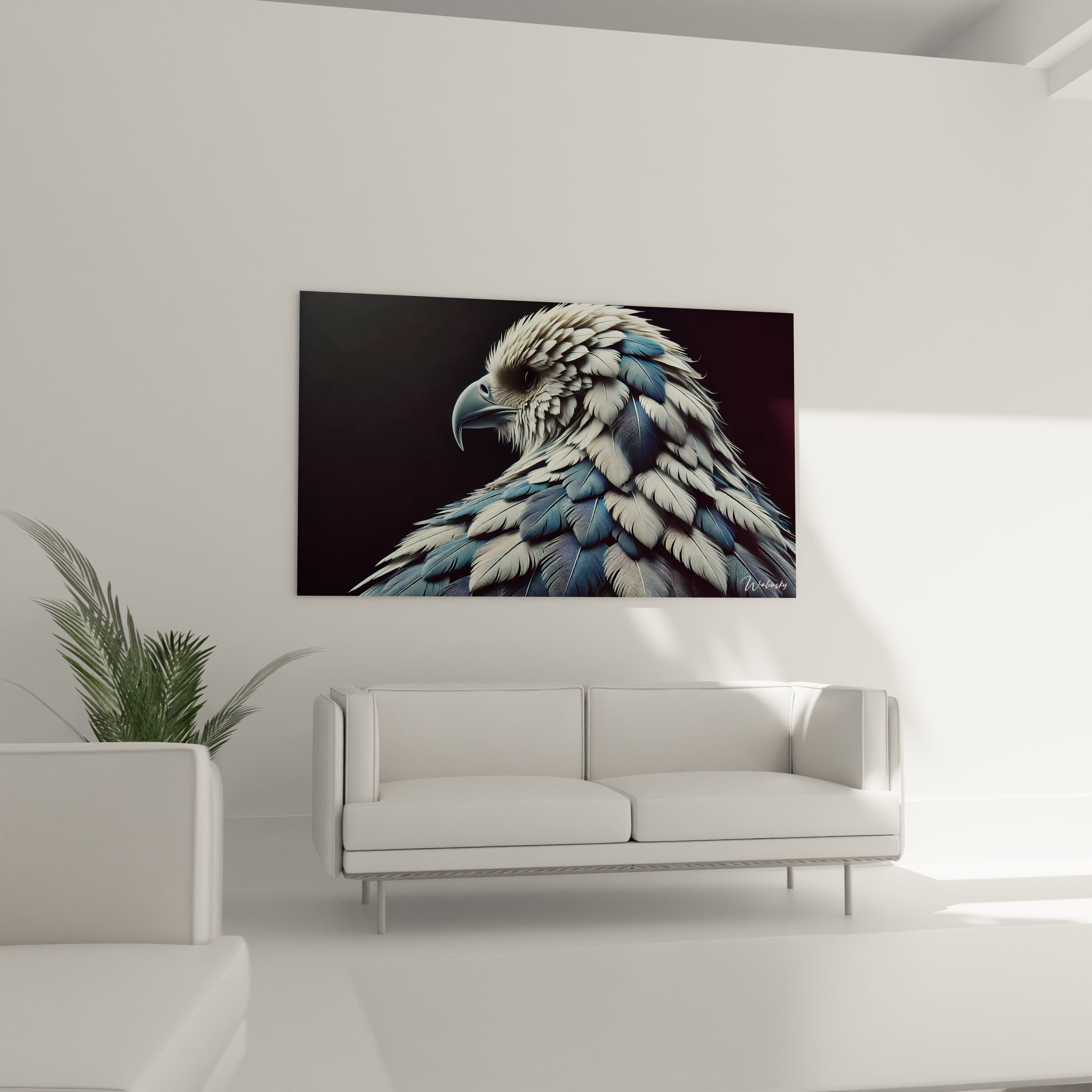 Le tableau aigle dans votre salon, place au-dessus du canapé, sublime l'espace avec sa representation realiste. La force et la serenite de l'oiseau creent une ambiance unique et elegante

