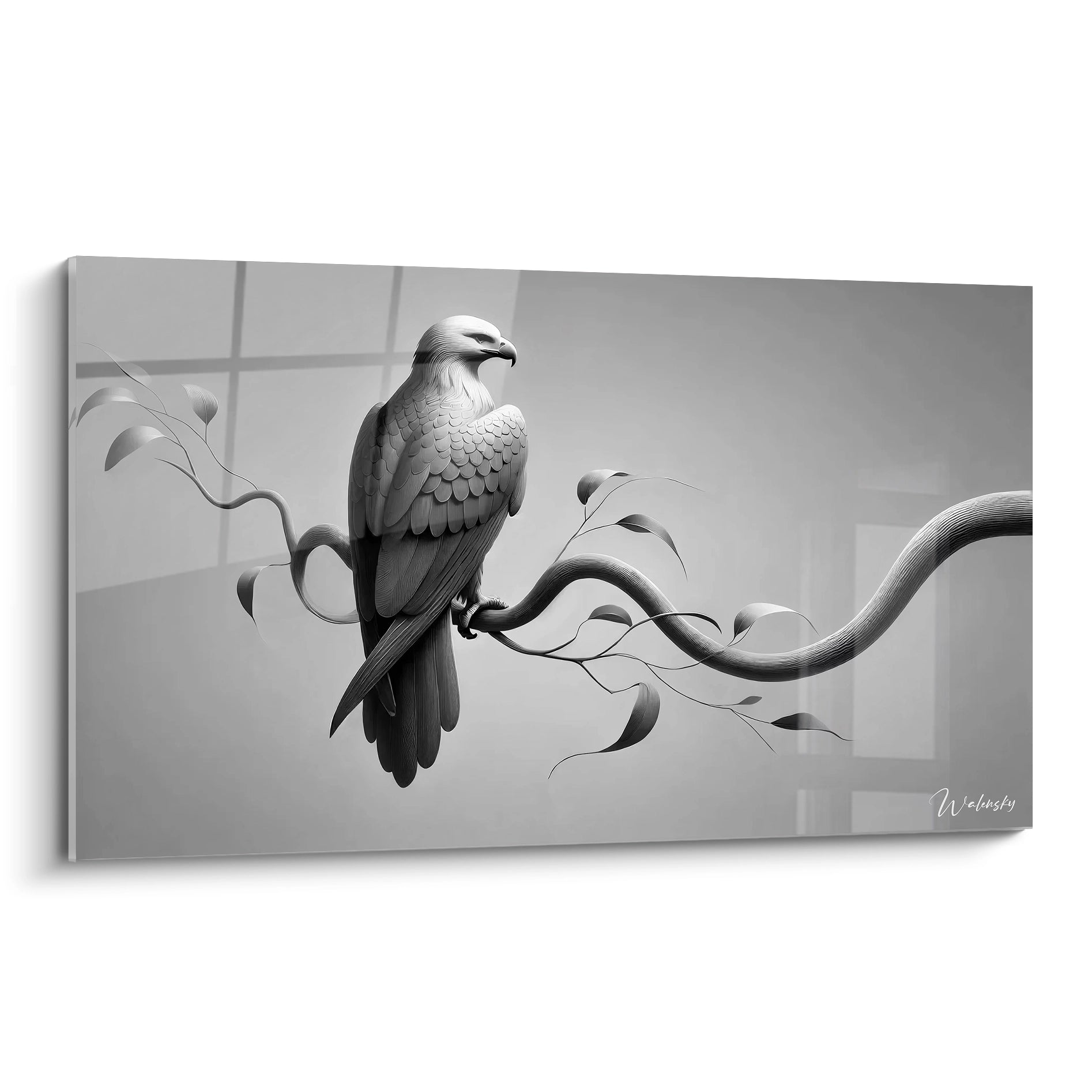 tableau aigle en noir et blanc, capture la majesté de l'aigle sur une branche sculpturale. Le style épuré met en avant la précision et la force naturelle de l'oiseau, créant un impact visuel puissant

