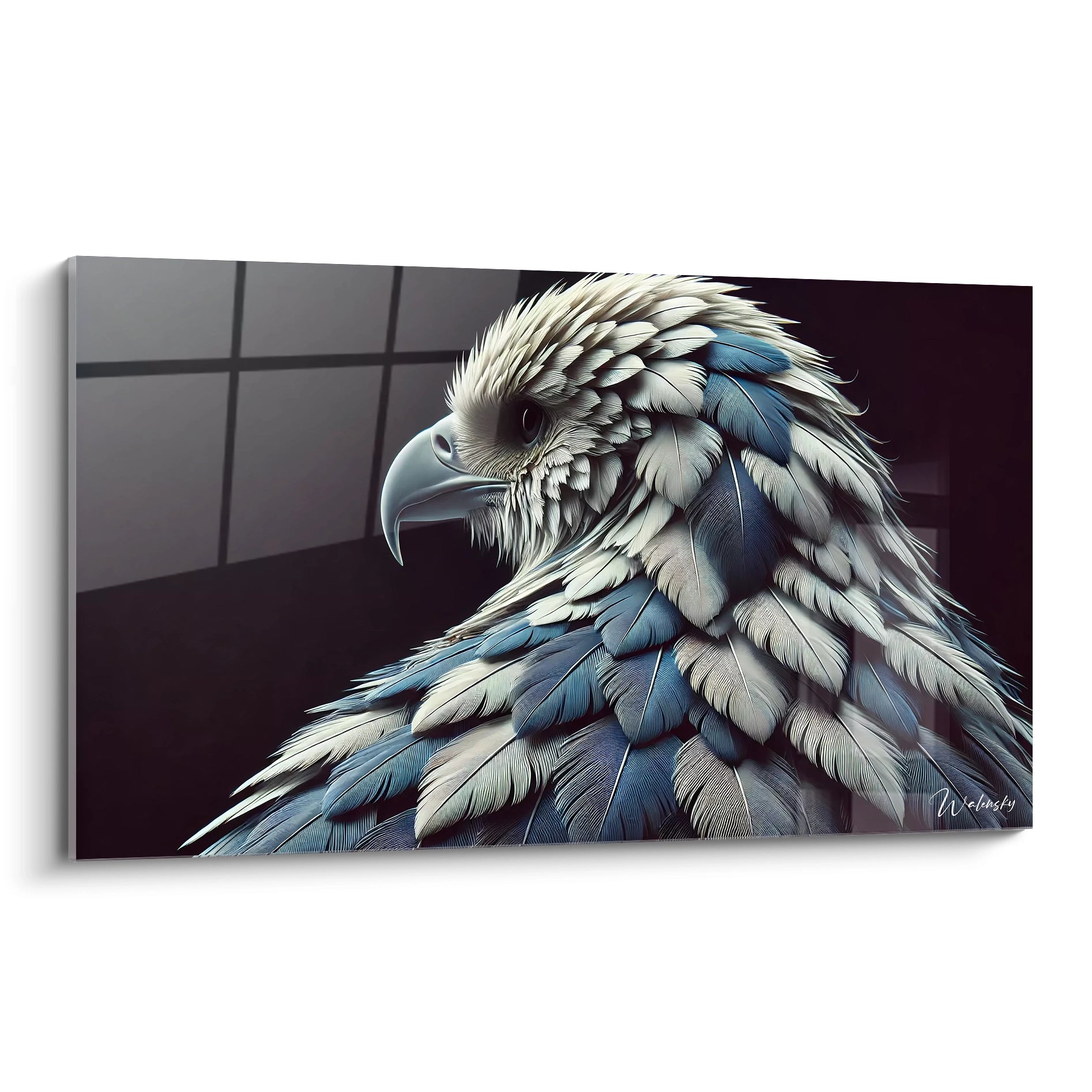 tableau aigle majestueux en vue de biais, capture la puissance et la sagesse de cet oiseau. Les détails des plumes et les contrastes de couleurs offrent une vision contemporaine et inspirante

