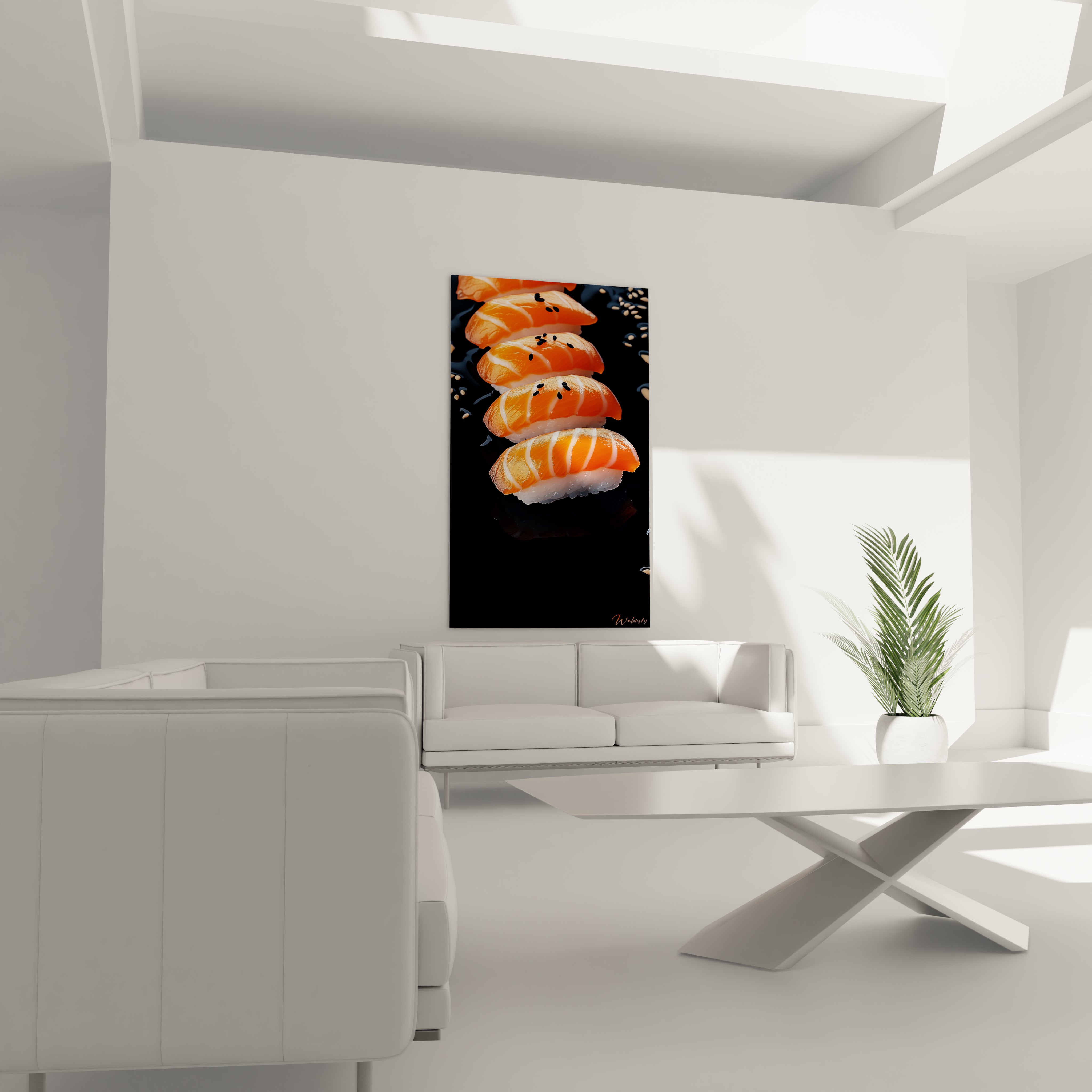 Un tableau sushi mettant en avant des nigiris au saumon, avec des couleurs dominantes orange, blanc et noir, un fond sombre réfléchissant et des textures lisses et détaillées sur chaque élément.

