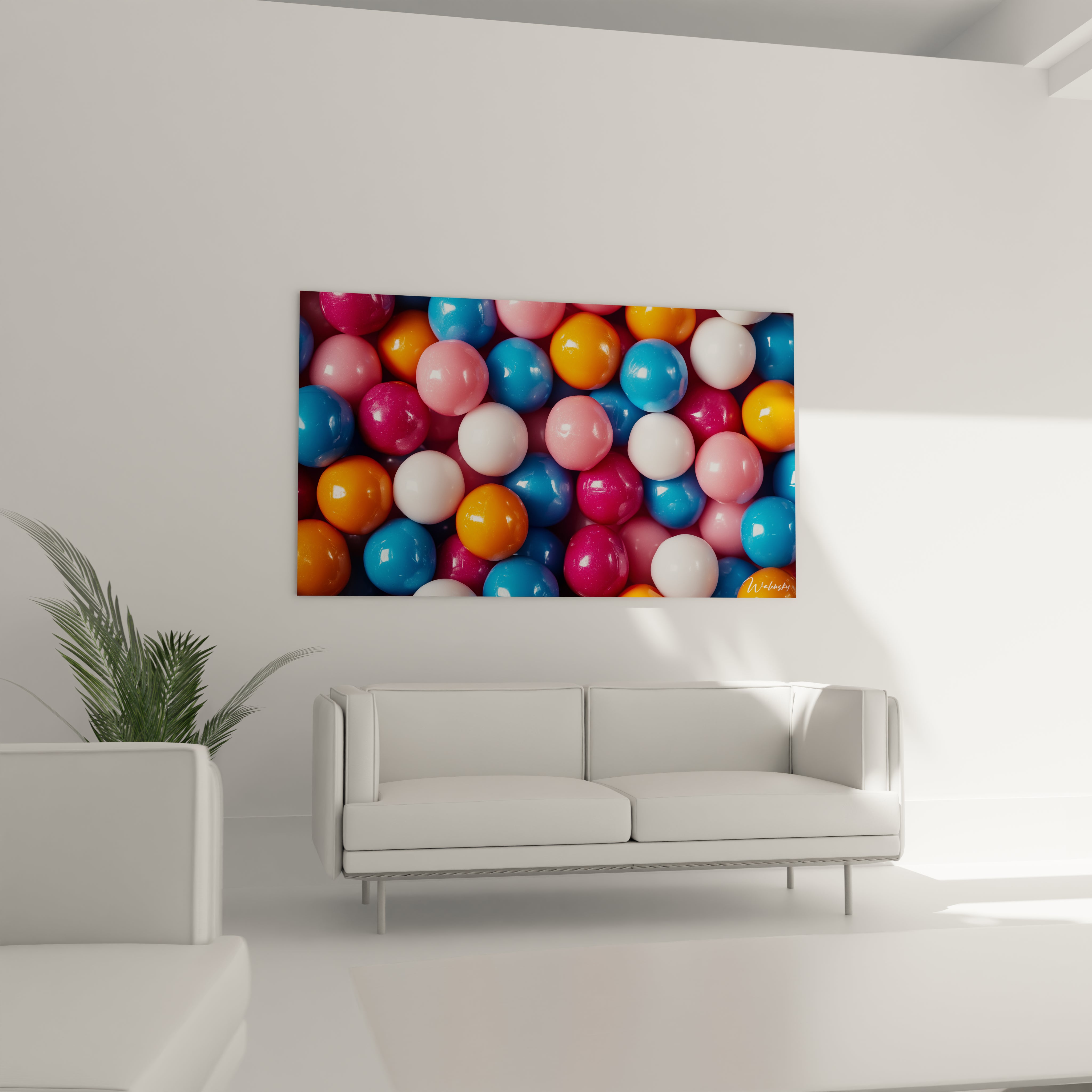 Un tableau bonbon mettant en scène diverses sphères aux tons rose, bleu, orange et blanc, présentant un fini lisse et un effet de brillance uniforme, sans fond apparent.

