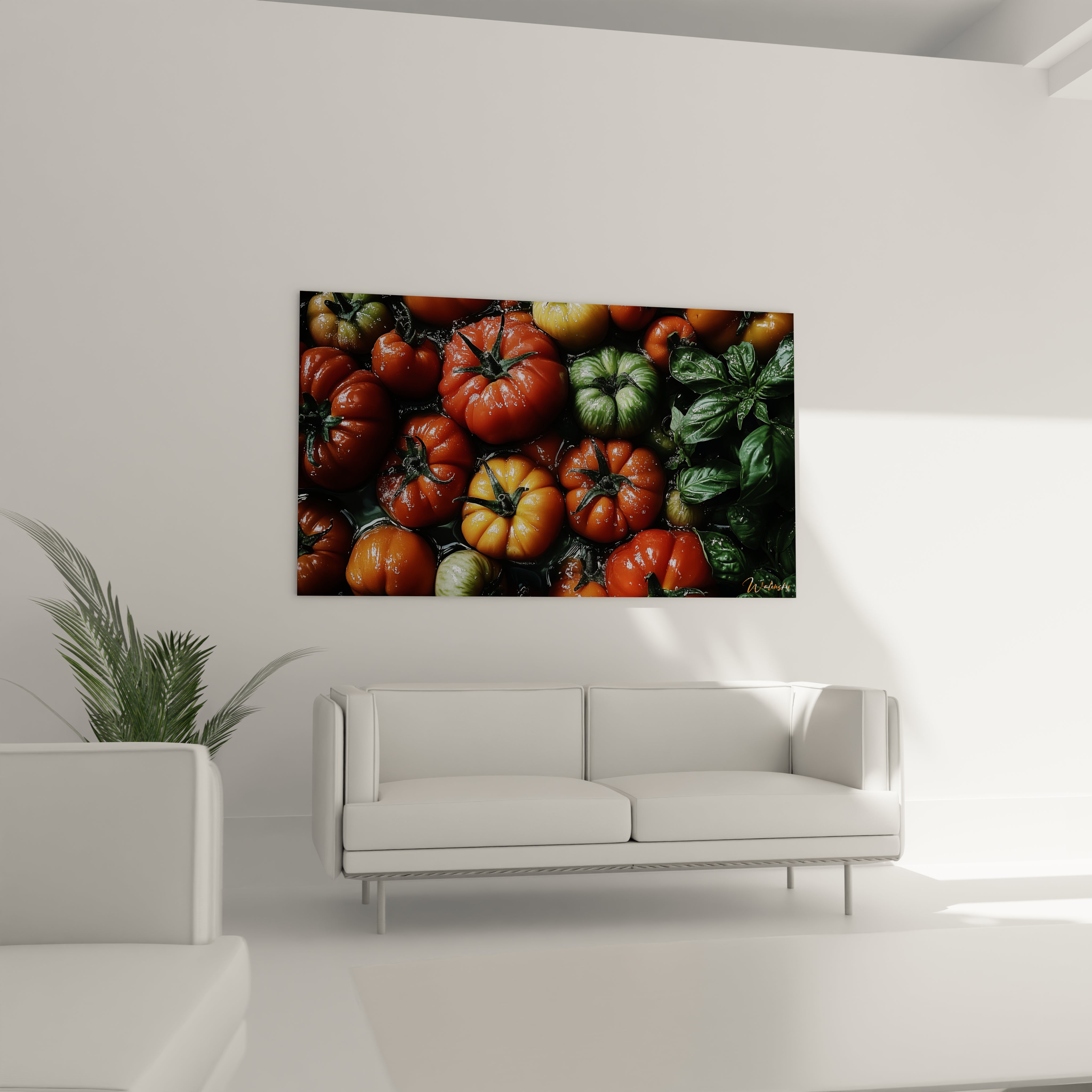 Un tableau tomate mettant en avant des tomates de différentes maturités, du vert au rouge, avec des feuilles aux bords dentelés. Les contrastes lumineux soulignent la brillance et la texture humide des fruits.

