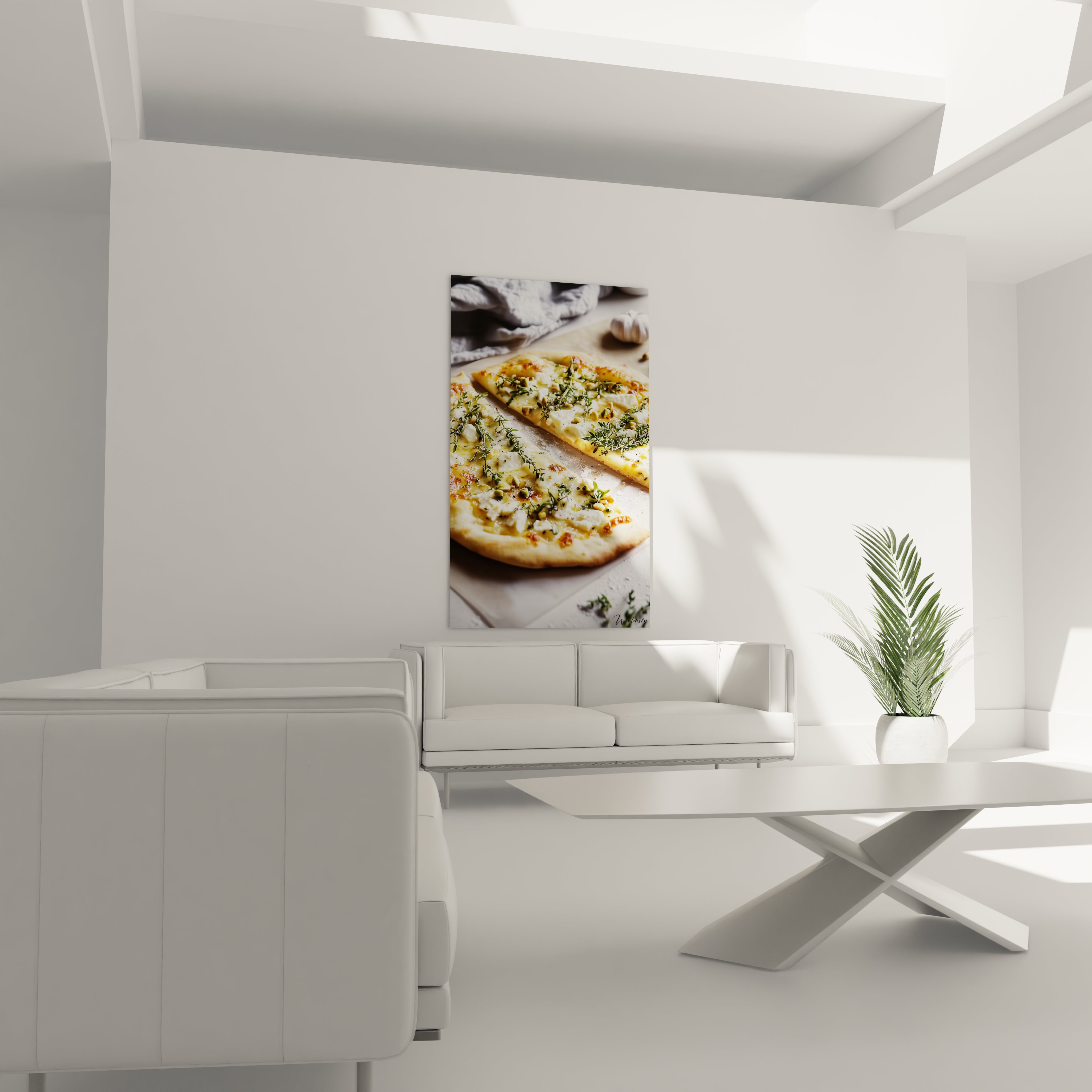 Un tableau pizza montrant une pizza découpée, garnie de fromage fondu, de pistaches et de thym, avec des couleurs dominantes jaune, blanc et vert, et des détails de textures fondantes et croquantes.

