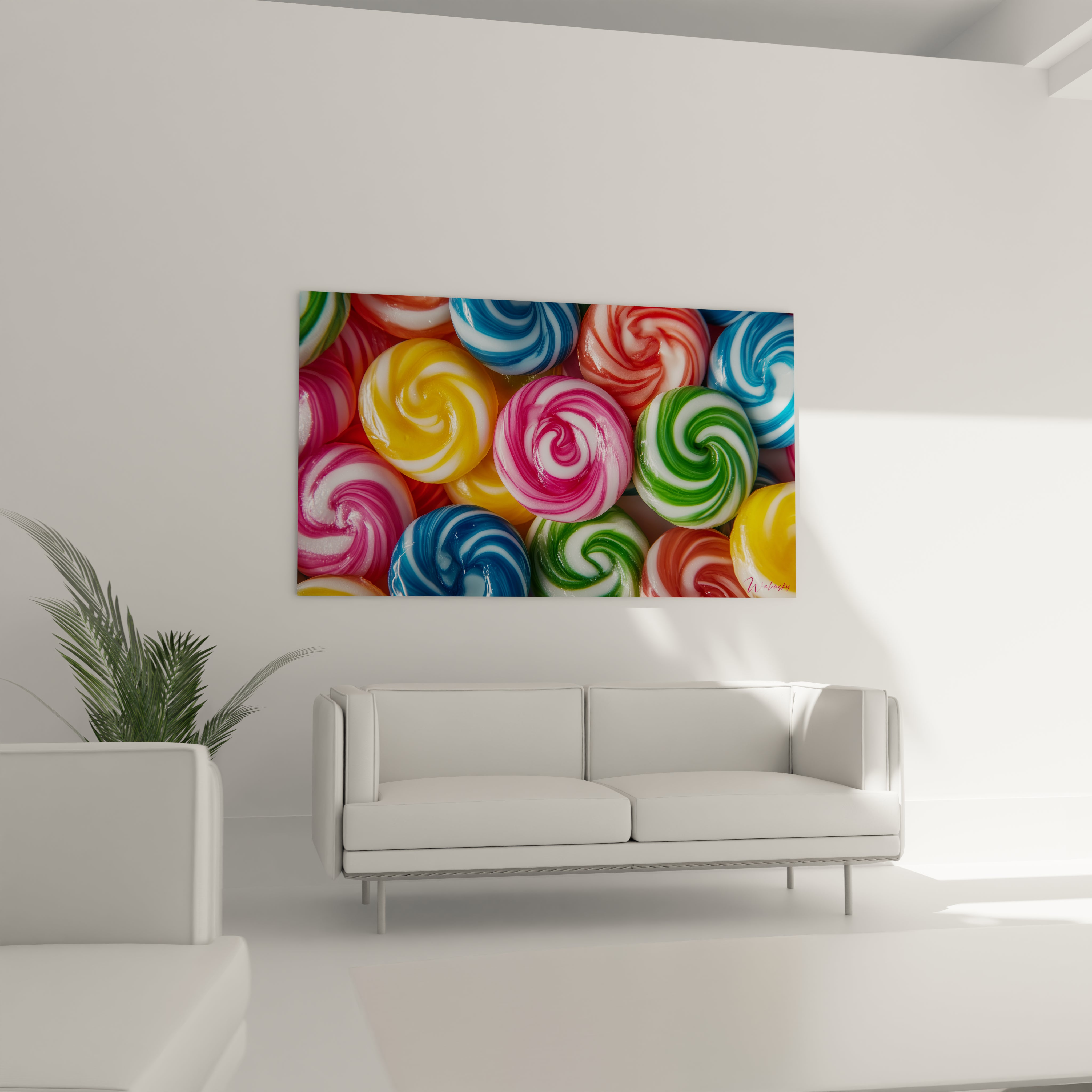 Un tableau bonbon montrant des spirales colorées en bleu, orange et rose sur un fond varié, avec un effet de translucidité et une texture lisse évoquant des reflets lumineux.

