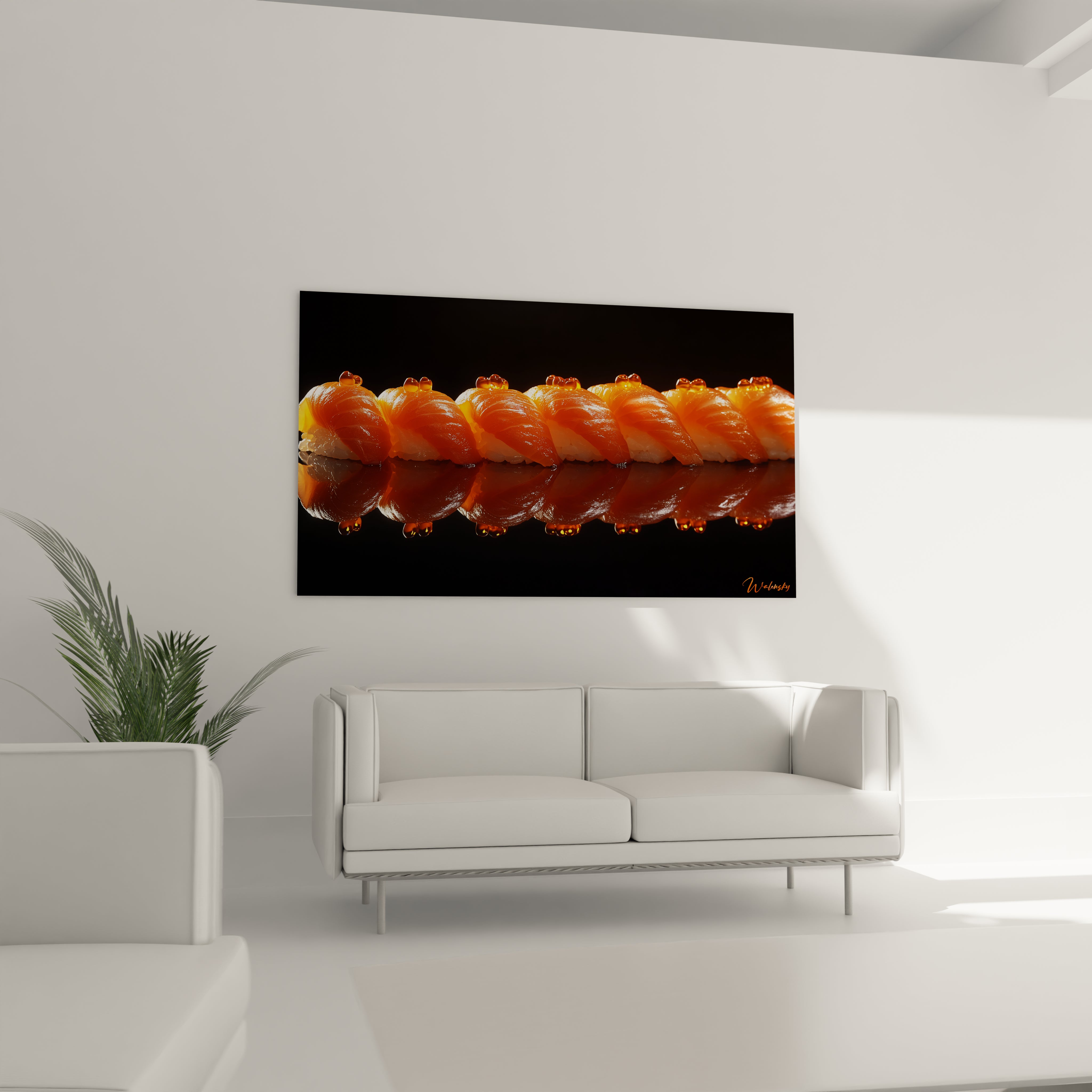 Un tableau sushi illustrant des sushis au saumon avec des perles translucides sur le dessus. Les couleurs principales sont l’orange, le blanc et le noir, et l’éclairage met en valeur la texture brillante.

