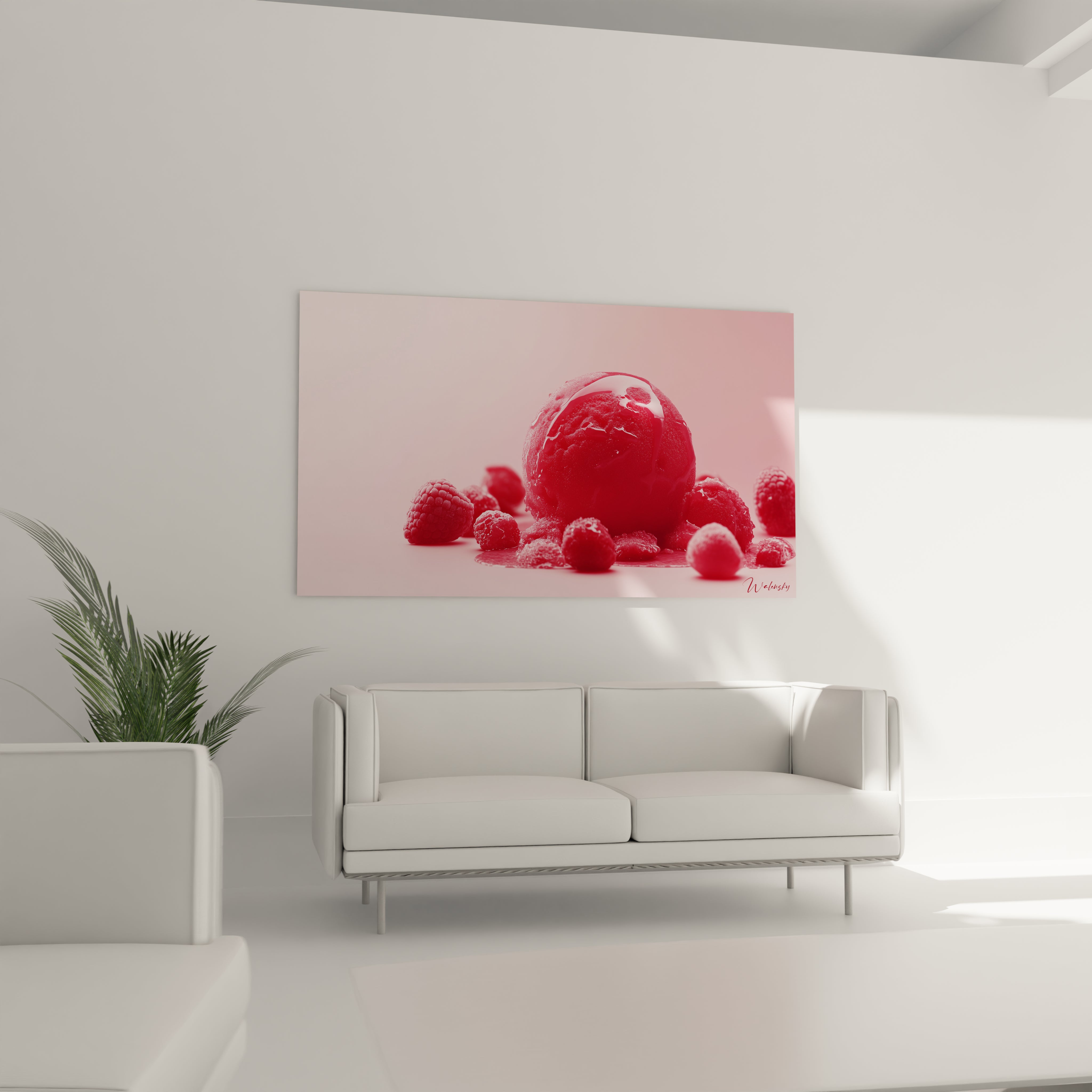 Un tableau glace représentant une composition centrée sur une glace rouge intense avec un nappage brillant. Les framboises dispersées autour offrent un jeu de textures entre surface lisse et givre cristallisé.

