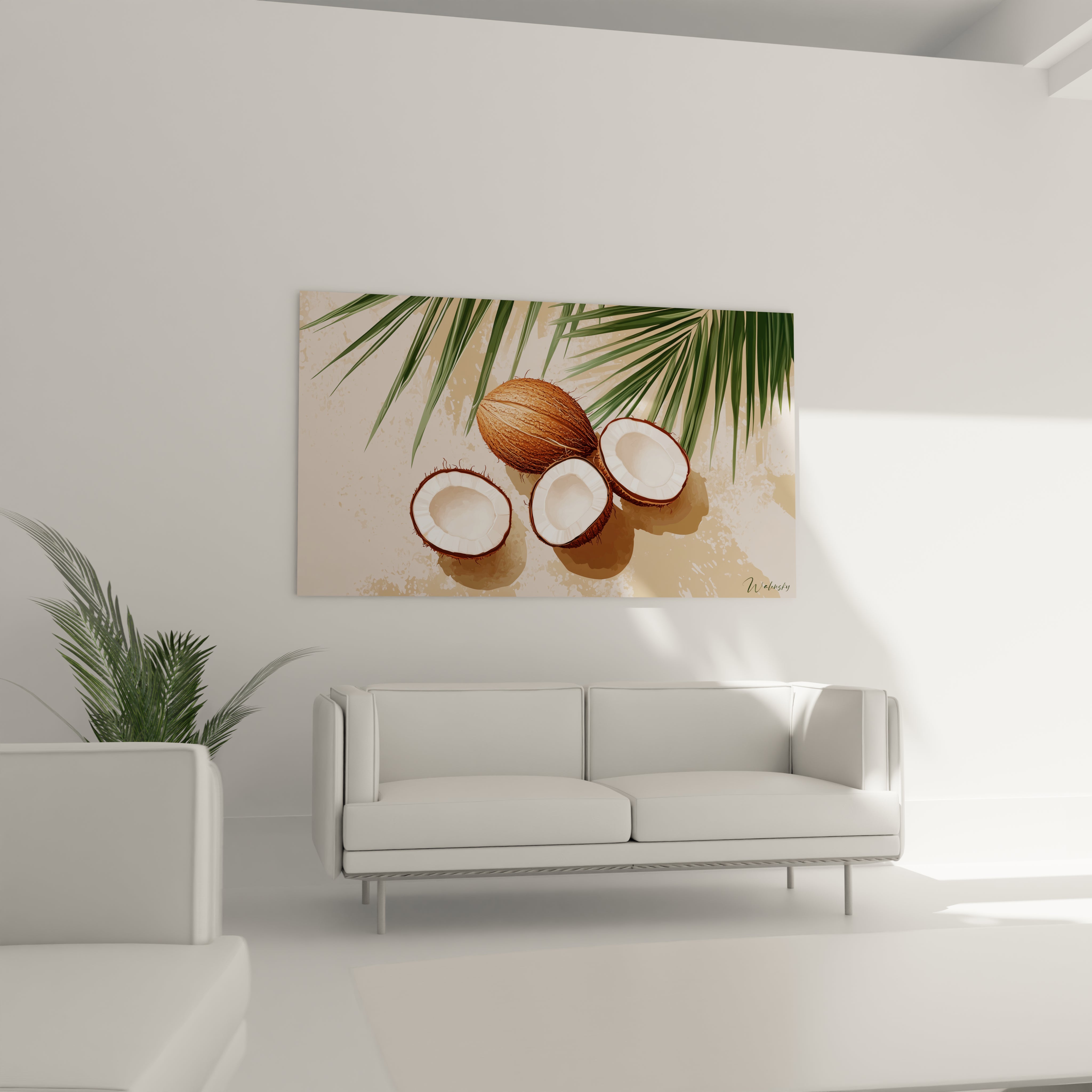 Un tableau noix de coco mettant en scène des noix de coco ouvertes et une entière, avec un jeu de textures entre la coque rugueuse et la chair lisse, des nuances de marron, beige et vert, sur un fond légèrement usé.

