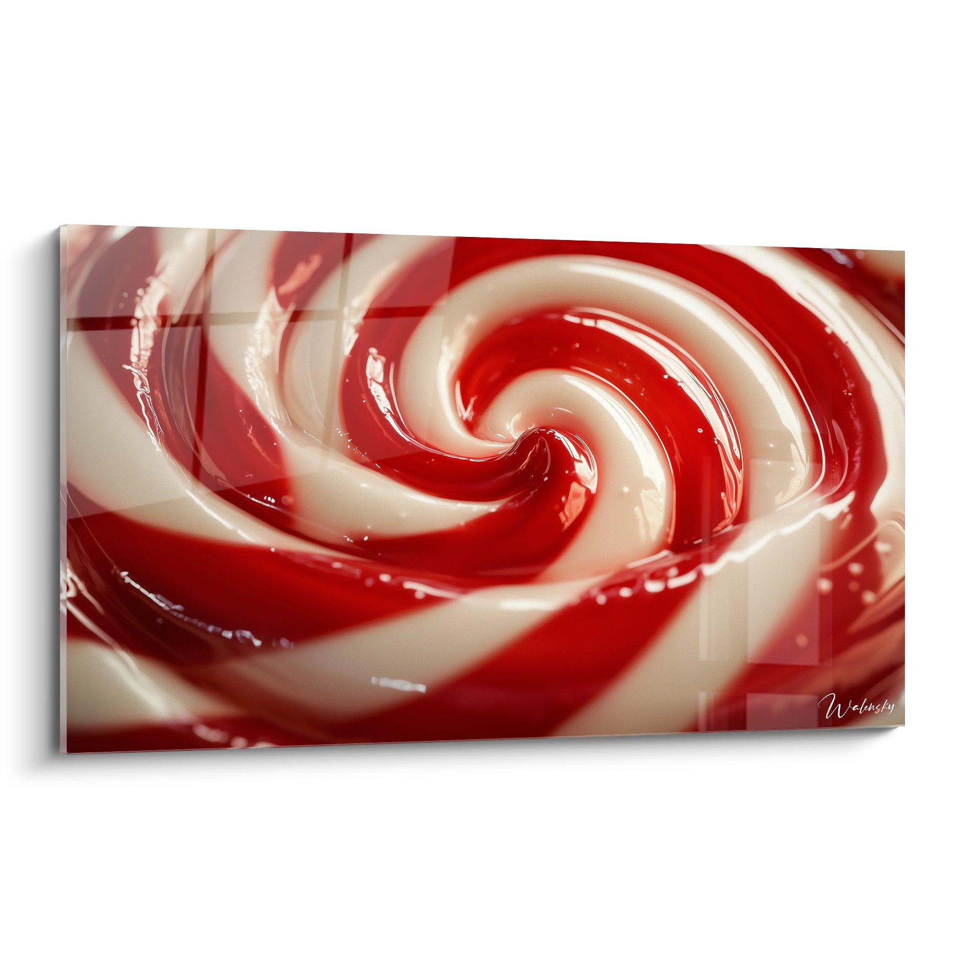 Un tableau bonbon représentant un motif en spirale rouge et blanc, avec des reflets brillants et une texture lisse rappelant une surface enrobée de sucre.

