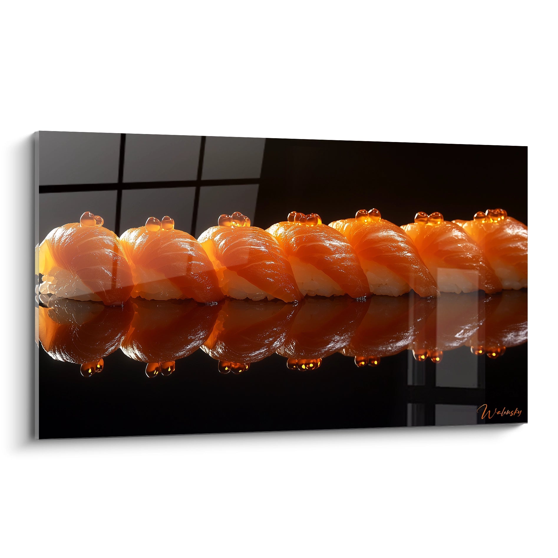 Un tableau sushi représentant une série de sushis au saumon alignés, avec des teintes orange, blanc et noir. La surface lisse et brillante reflète les formes, créant un effet symétrique.

