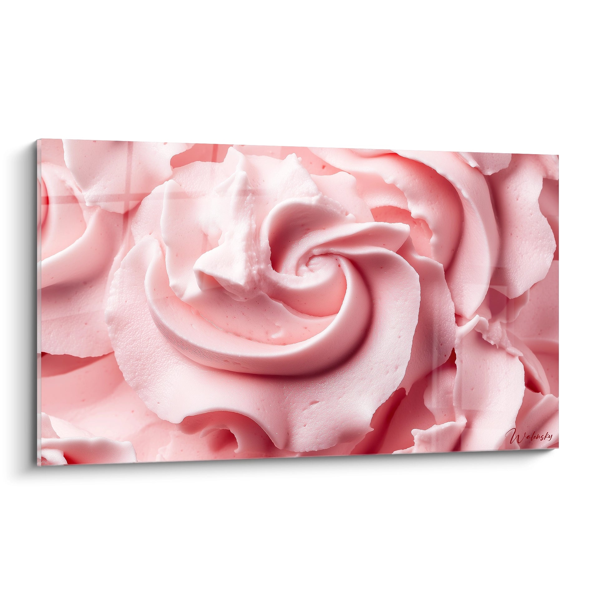 Un tableau glace représentant des volutes épaisses et tourbillonnantes en rose pastel et blanc, avec une texture lisse et crémeuse, accentuée par des reflets argentés et des reliefs subtils.

