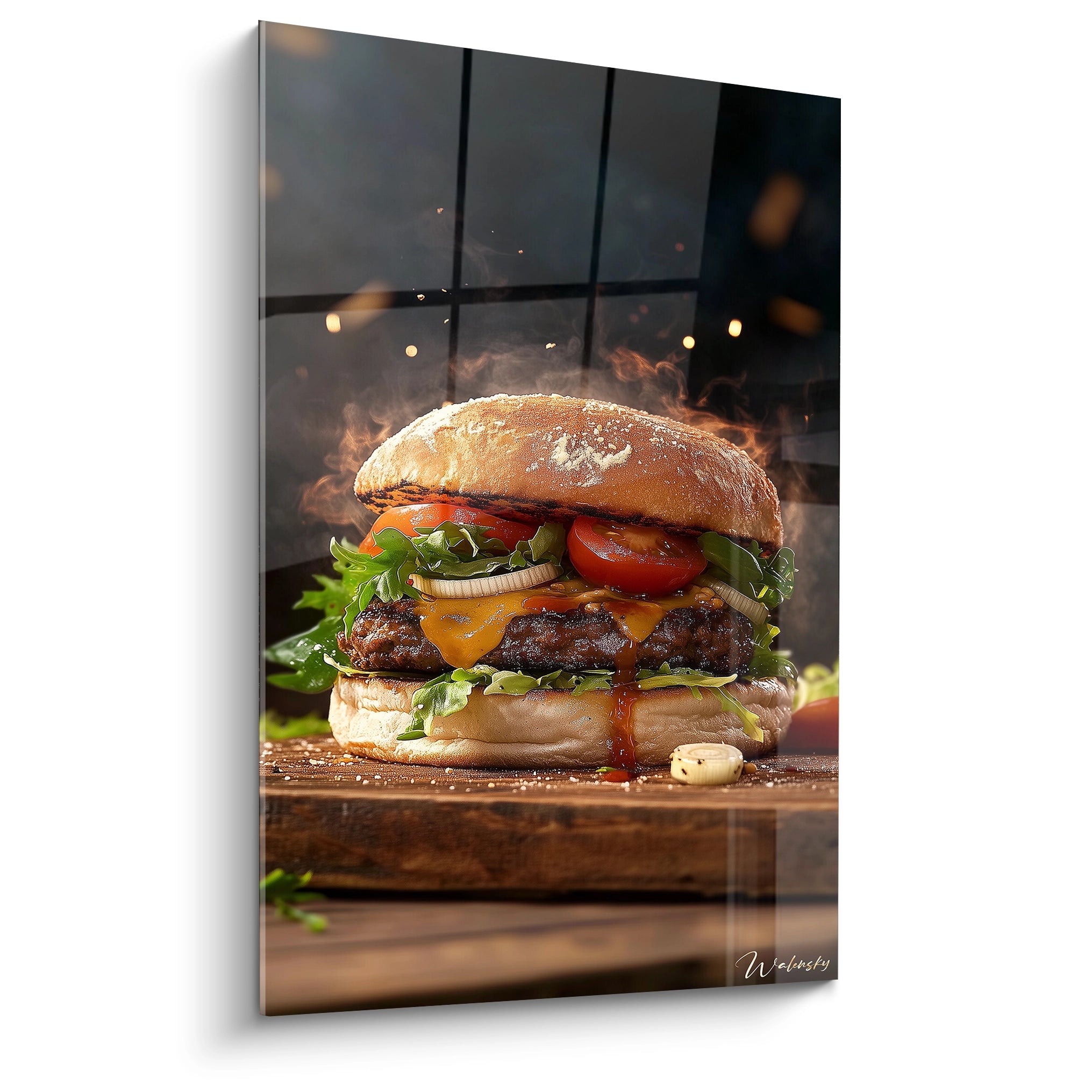 Un tableau burger représentant un hamburger détaillé avec un pain doré, du fromage fondu, des tomates rouges et de la salade verte, sur fond sombre avec des effets de lumière et de textures réalistes.

