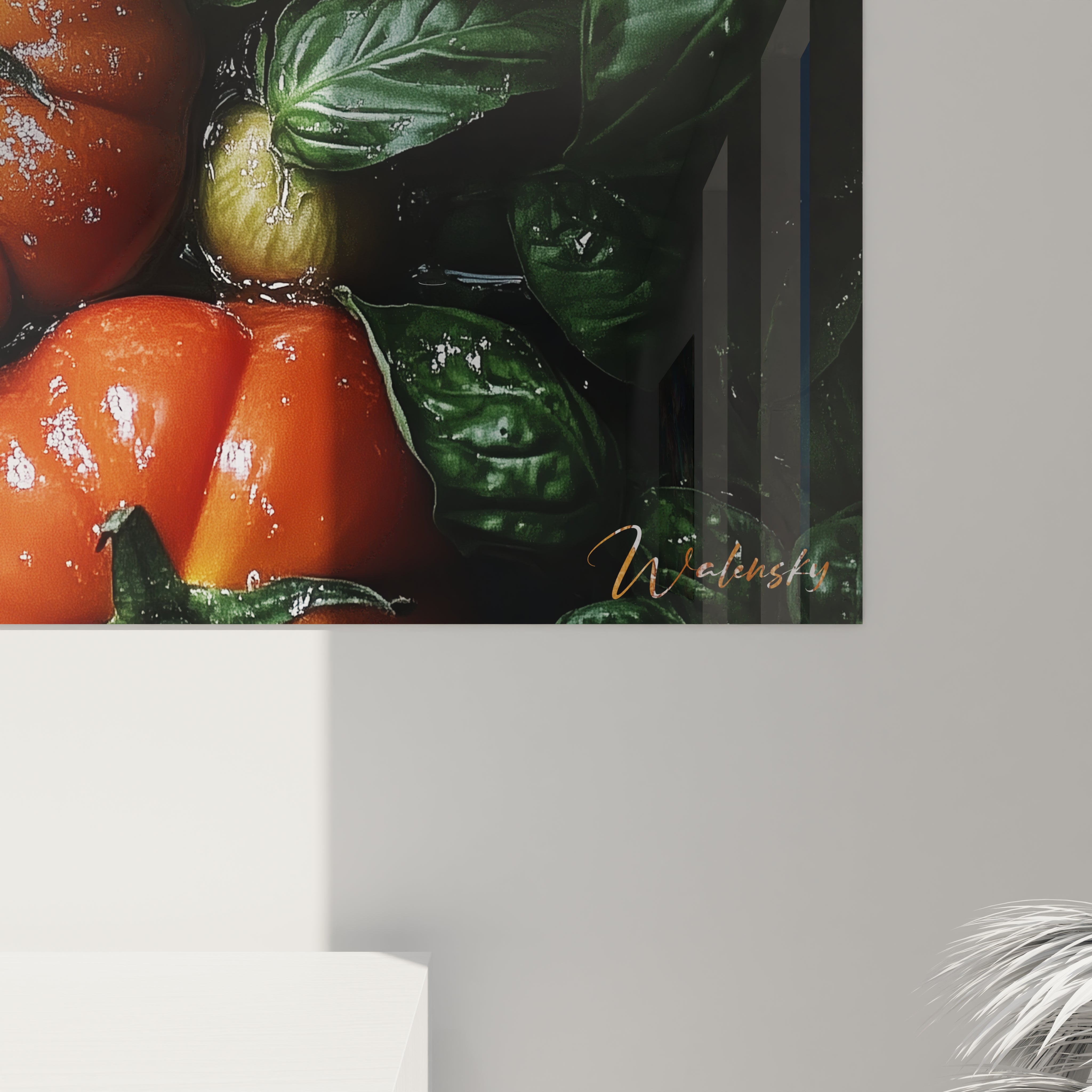 Un tableau tomate capturant un assortiment de tomates aux teintes variées, avec des feuilles de basilic détaillées. L’effet visuel joue sur les surfaces lustrées et les zones ombrées pour une profondeur marquée.







