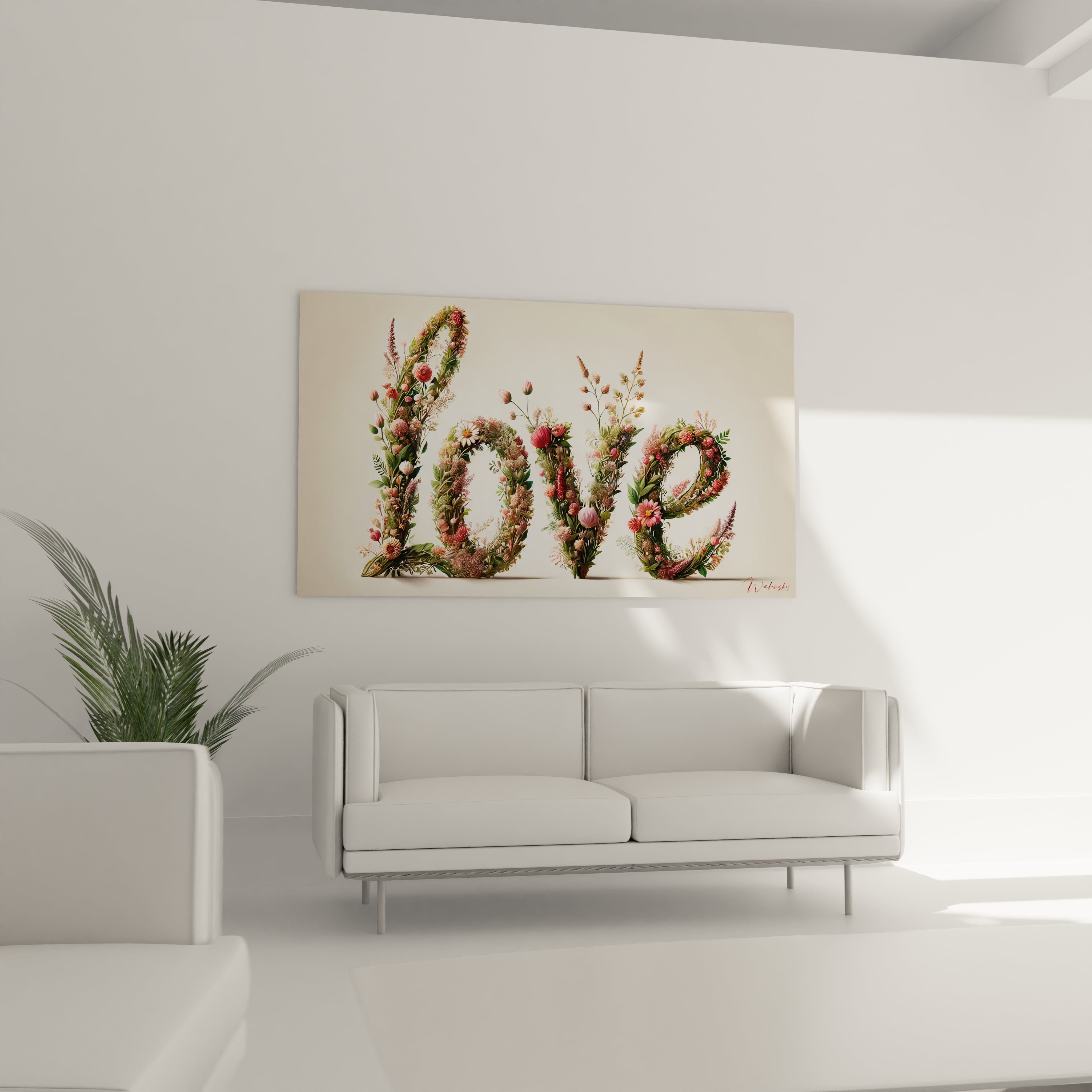 Ajoutez une touche de charme à votre salon avec ce tableau love. Accroché au-dessus du canapé, il illumine l'espace avec son style floral et onirique.

