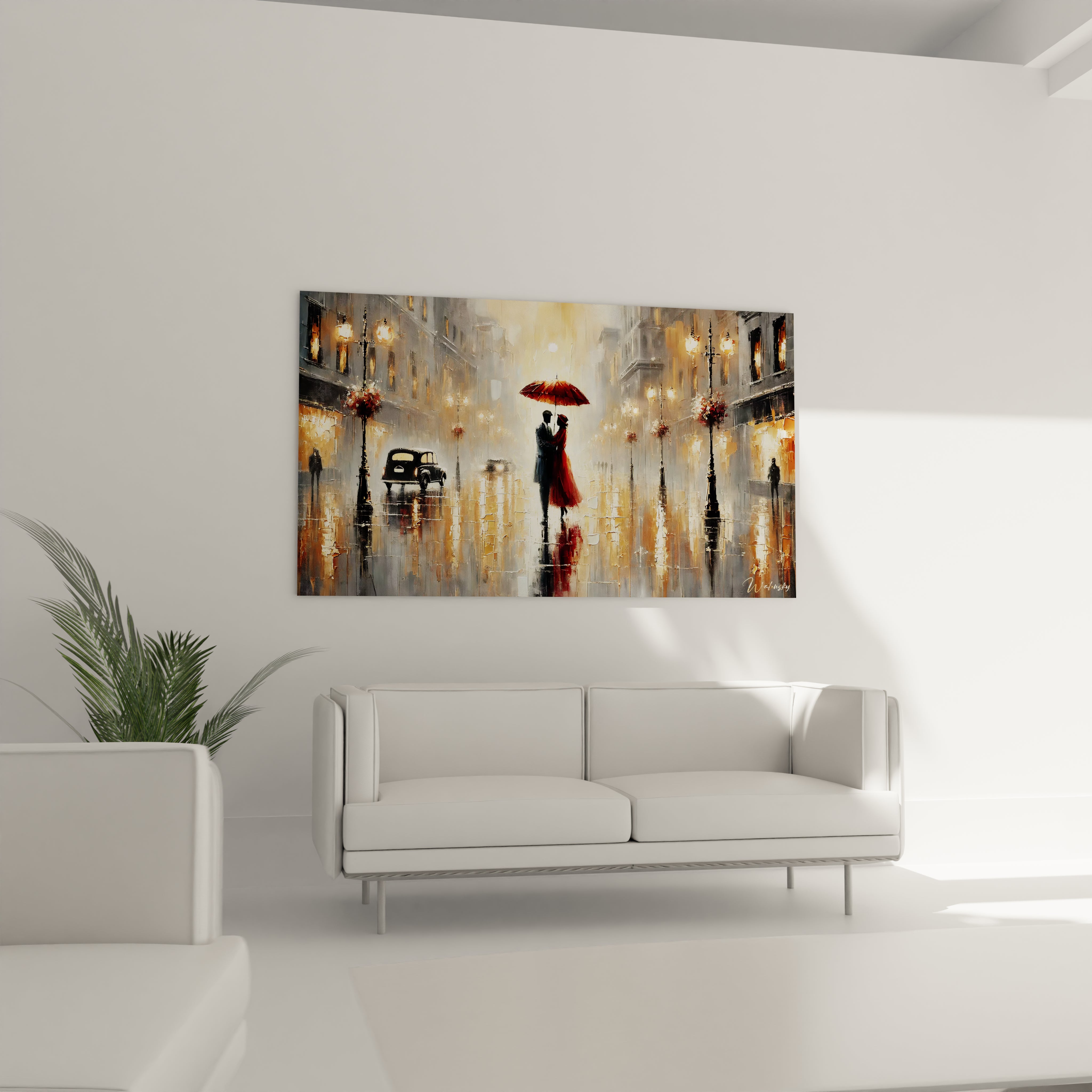 Le tableau love dans un salon au-dessus du canapé, illumine votre espace avec des touches de rouge et d'or, créant une atmosphère élégante et chargée de tendresse.

