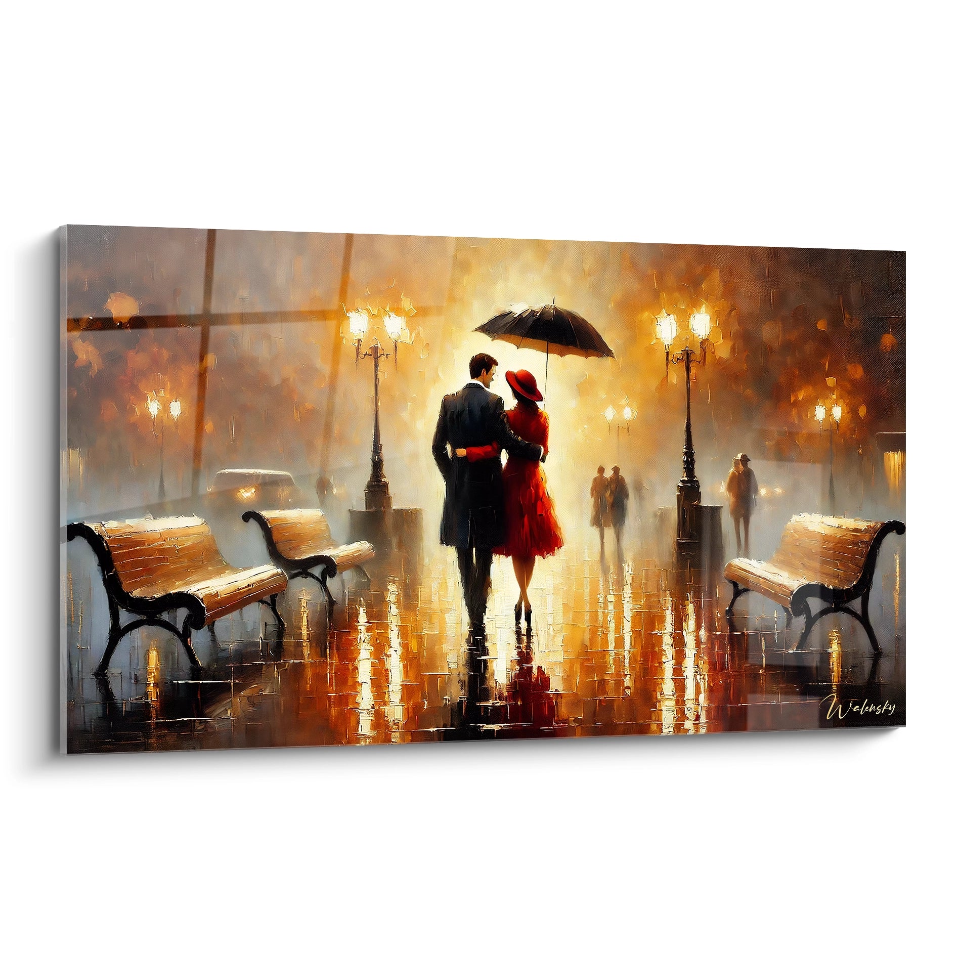 Vue de biais, ce tableau amour révèle chaque détail romantique de sa scène. Un couple sous la pluie, éclairé par des lampadaires dorés, incarne l'intimité et la nostalgie.

