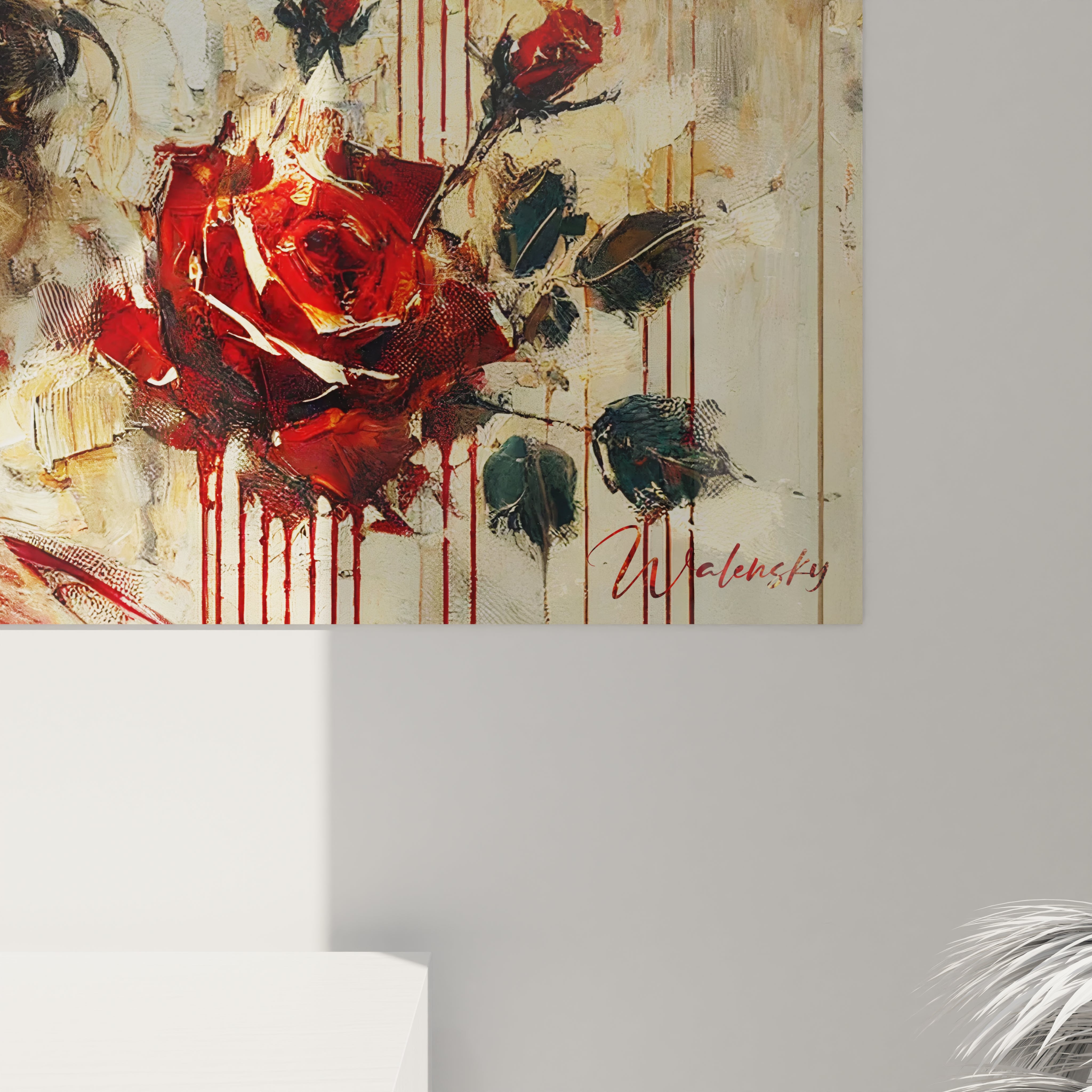 Vue de pres : Découvrez chaque detail de ce tableau love, ou les touches de rouge, beige et noir capturent la poesie de l'amour. Une oeuvre vibrante qui apporte vie et emotion a votre decor.






