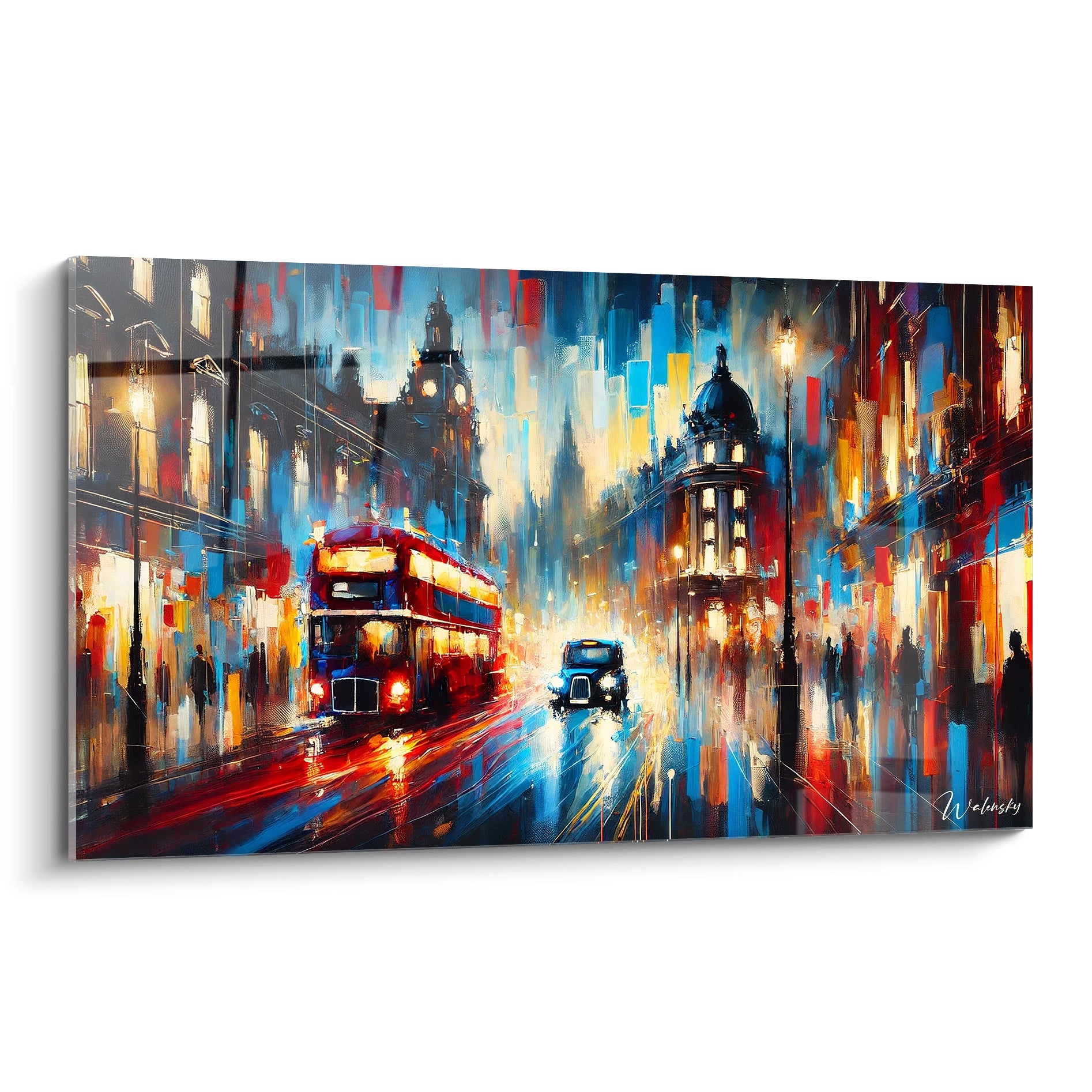 tableau Londres vu de biais révèle le rouge vif des bus et les reflets des lumières urbaines sur les pavés mouillés. Les textures riches et le contraste des couleurs capturent l’essence nocturne de la ville.

