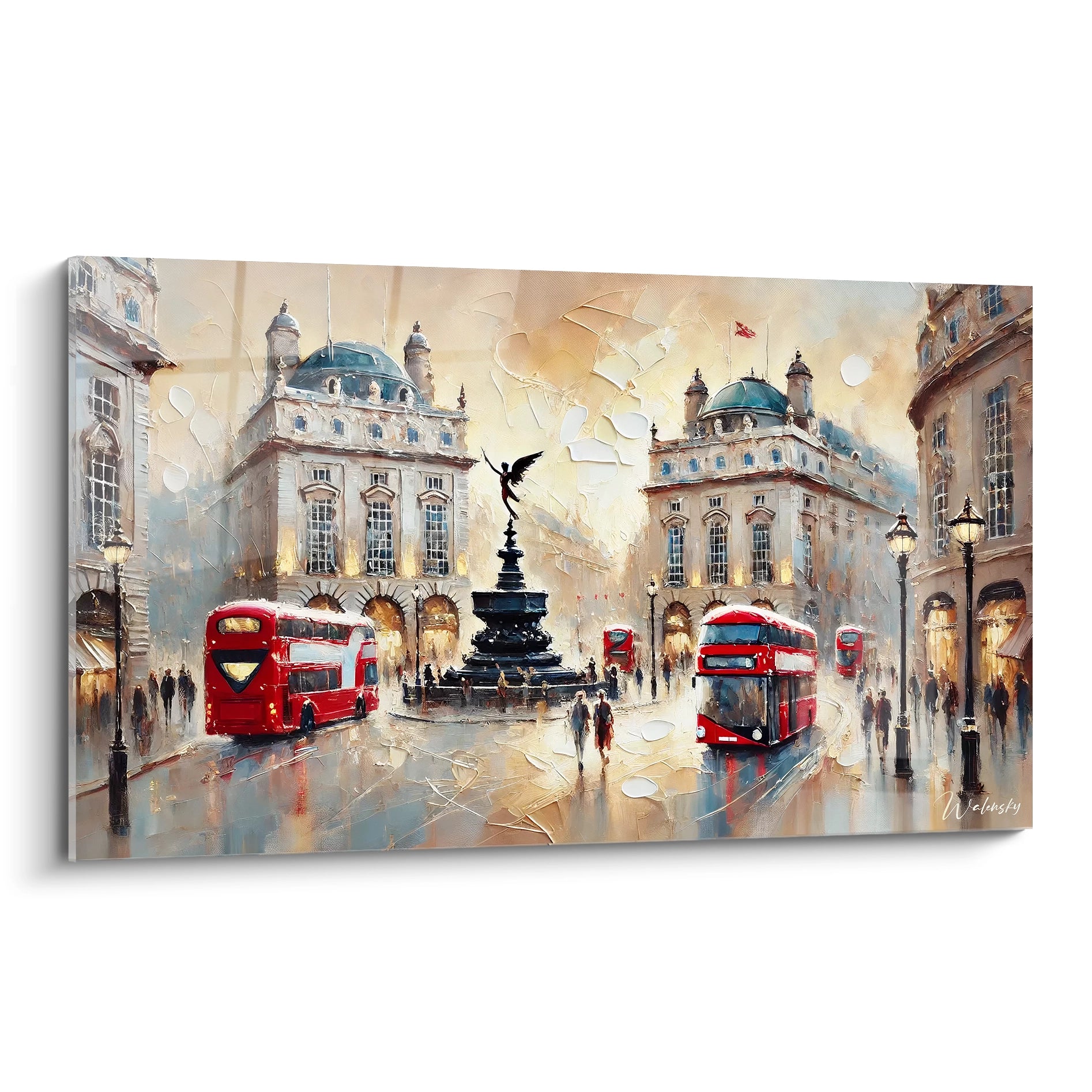 tableau Piccadilly Circus vu de biais révèle les contrastes vibrants entre les rouges éclatants des bus, le bleu apaisant du ciel et les reflets dorés des pavés, illustrant Londres en mouvement.

