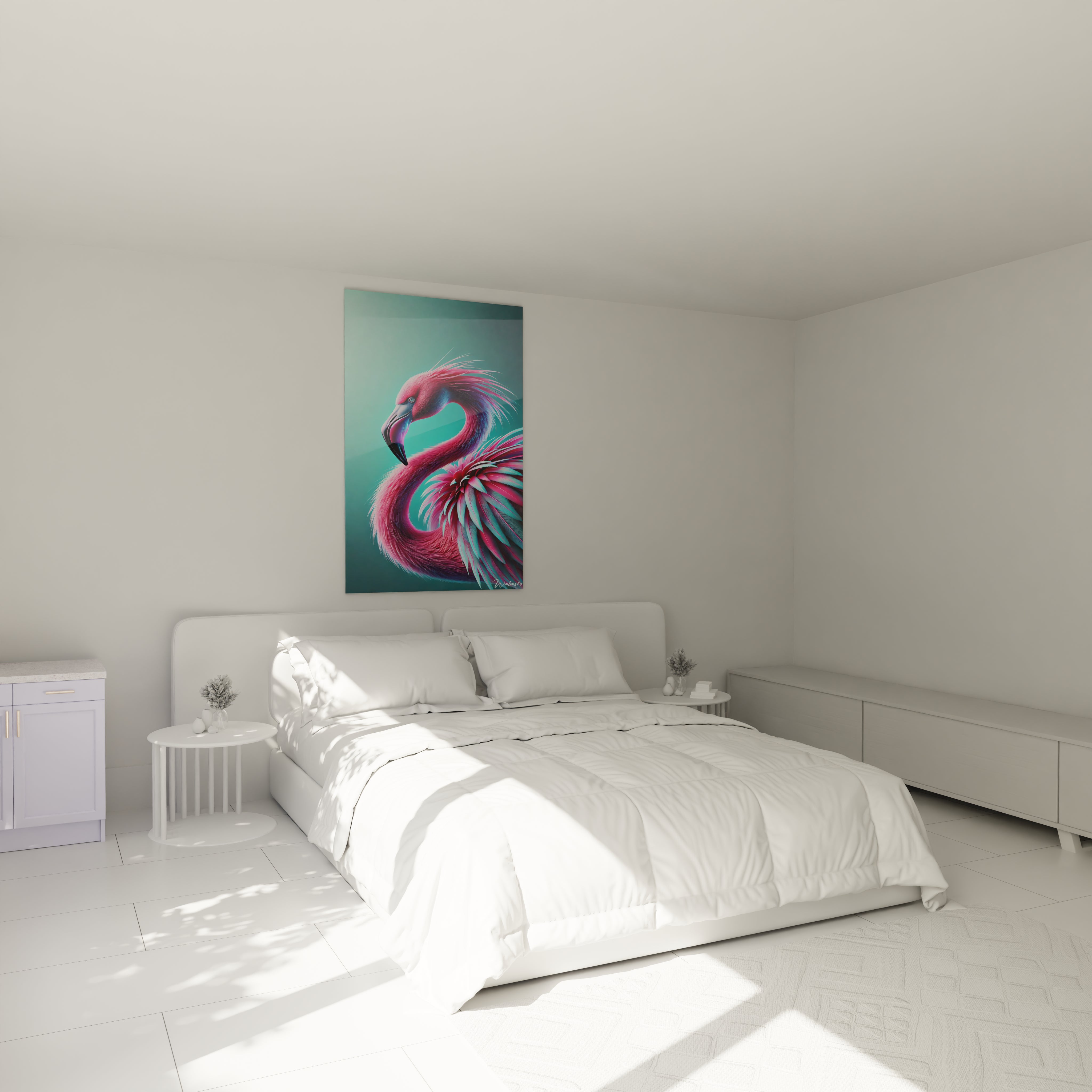 tableau flamand rose accroché au-dessus d’un lit dans une chambre apaisante aux tons clairs et décor minimaliste

