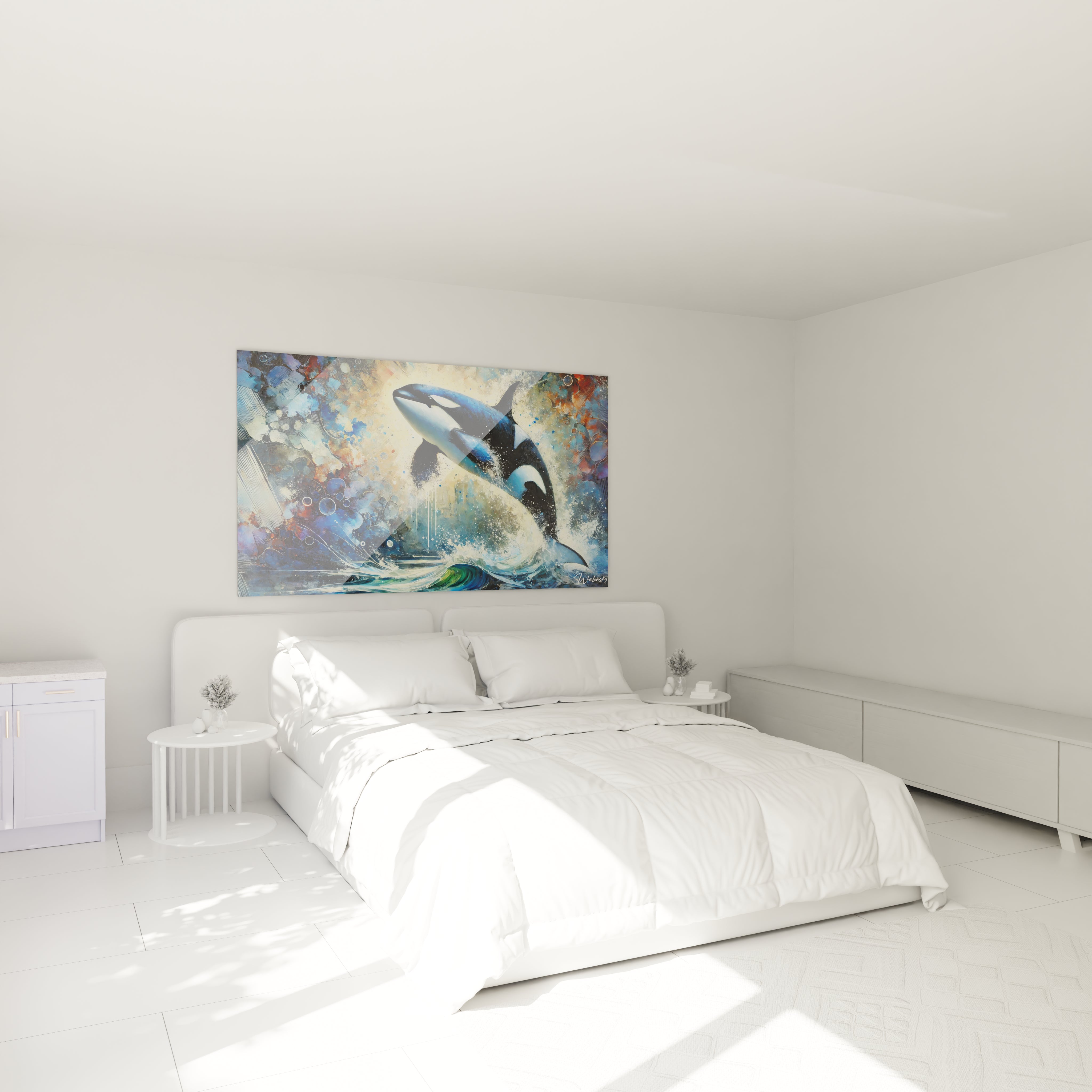 tableau orque accroché au mur d’une chambre moderne au-dessus d’un lit couleurs bleu marine noir et blanc créant une ambiance apaisante inspirée des océans et évoquant l’énergie harmonieuse des vagues

