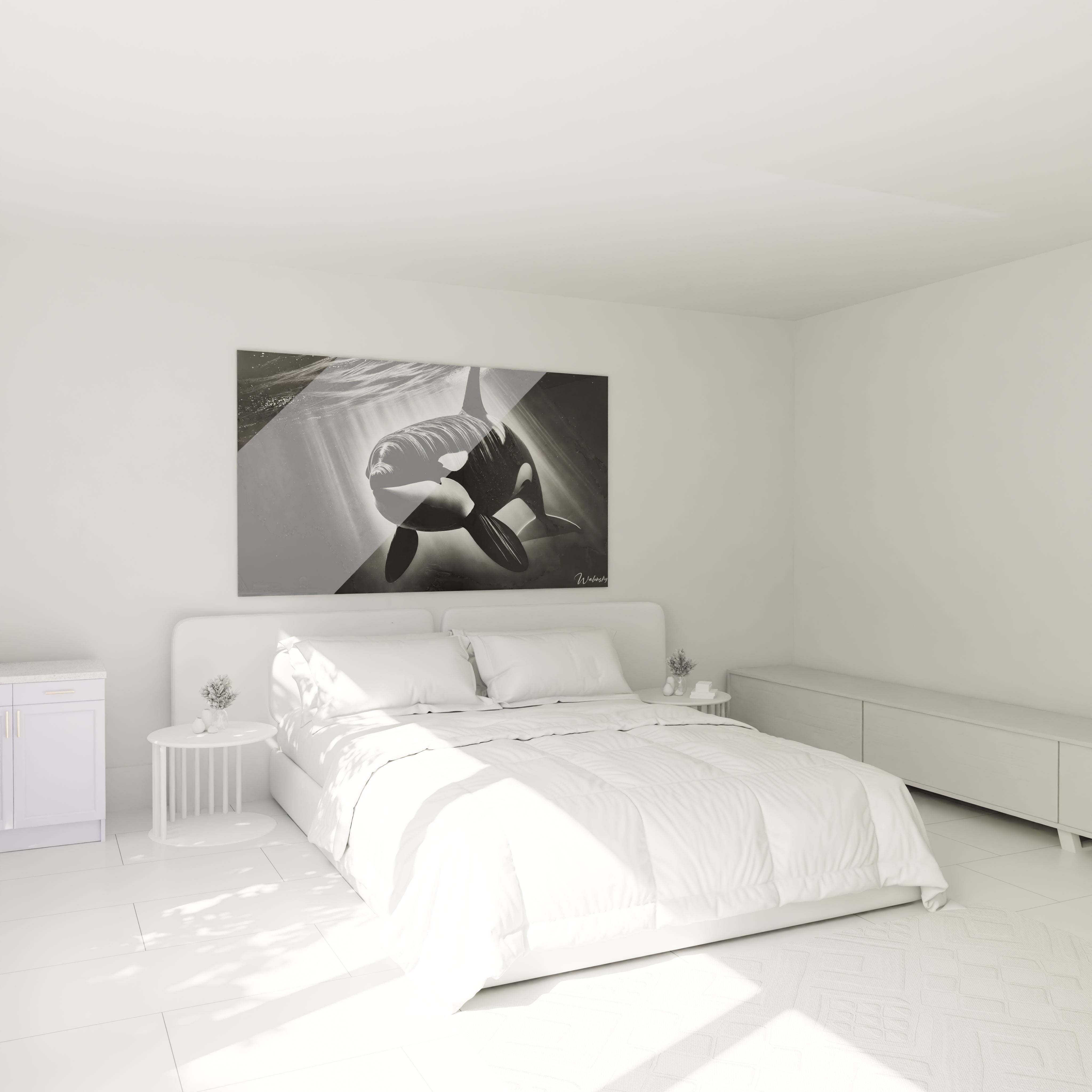 tableau orque accroché au mur au-dessus d un lit dans une chambre apaisante la palette monochrome apporte une sérénité élégante à cet espace intime
