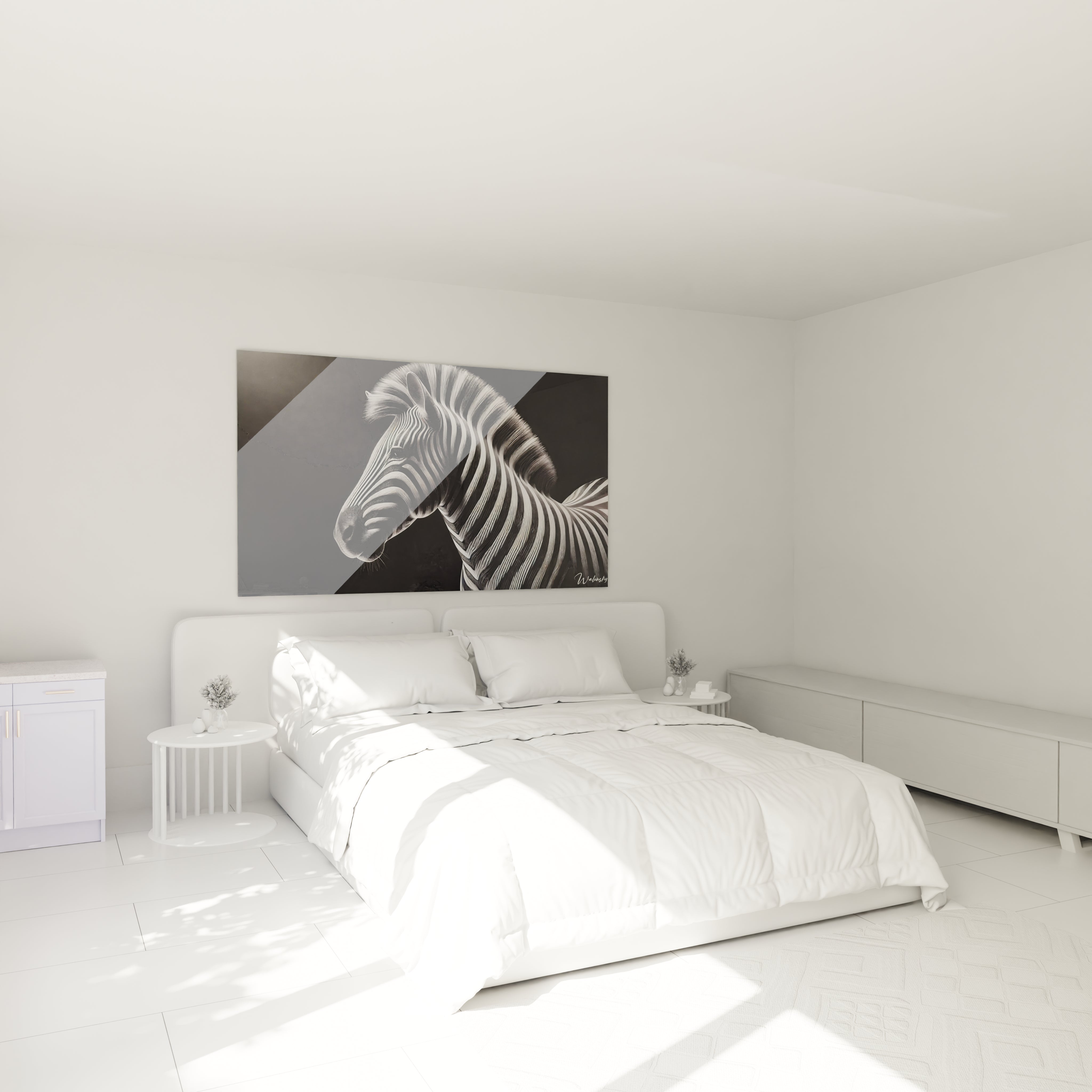 tableau zebre accroche au mur dans une chambre au-dessus du lit ambiance sereine rayures equilibrees contraste noir blanc ideal pour un decor raffine et une touche d'elegance intemporelle

