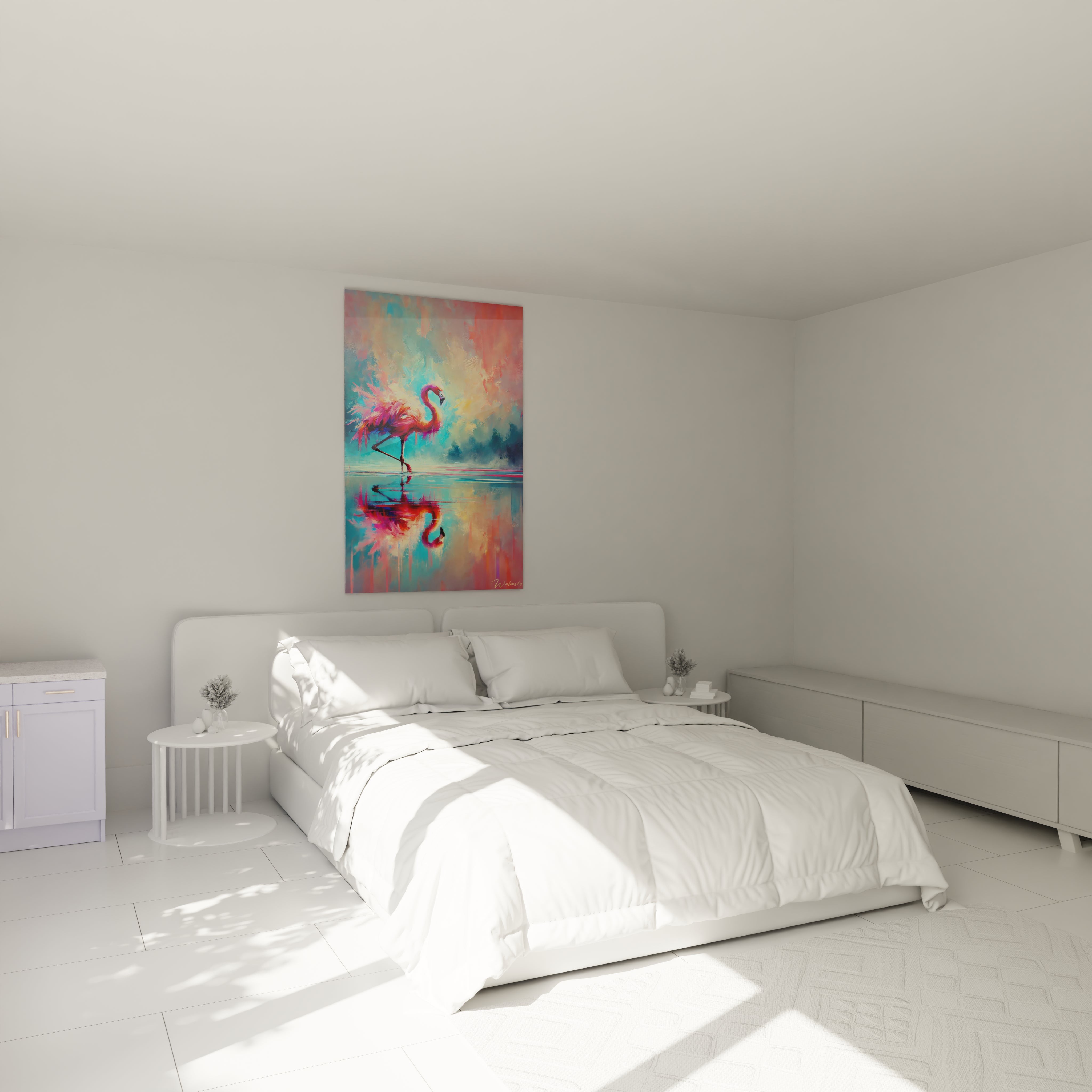 tableau flamand rose accroché au mur au-dessus du lit ambiance apaisante et romantique teintes chaudes et froides

