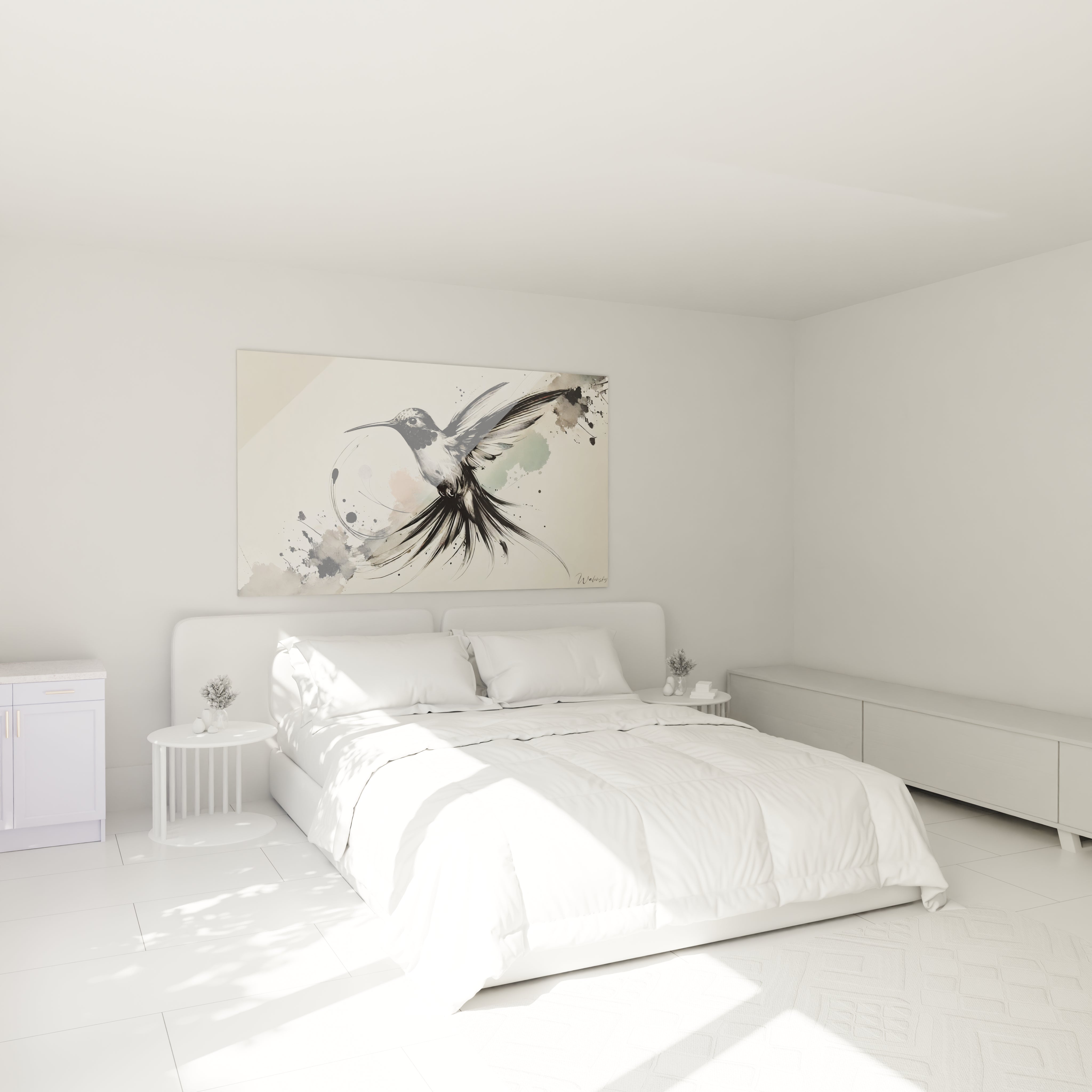 Dans une chambre : tableau colibri accroché au mur au-dessus d’un lit. Il diffuse sérénité et équilibre grâce à ses lignes nettes, parfait pour une déco apaisante et contemporaine.

