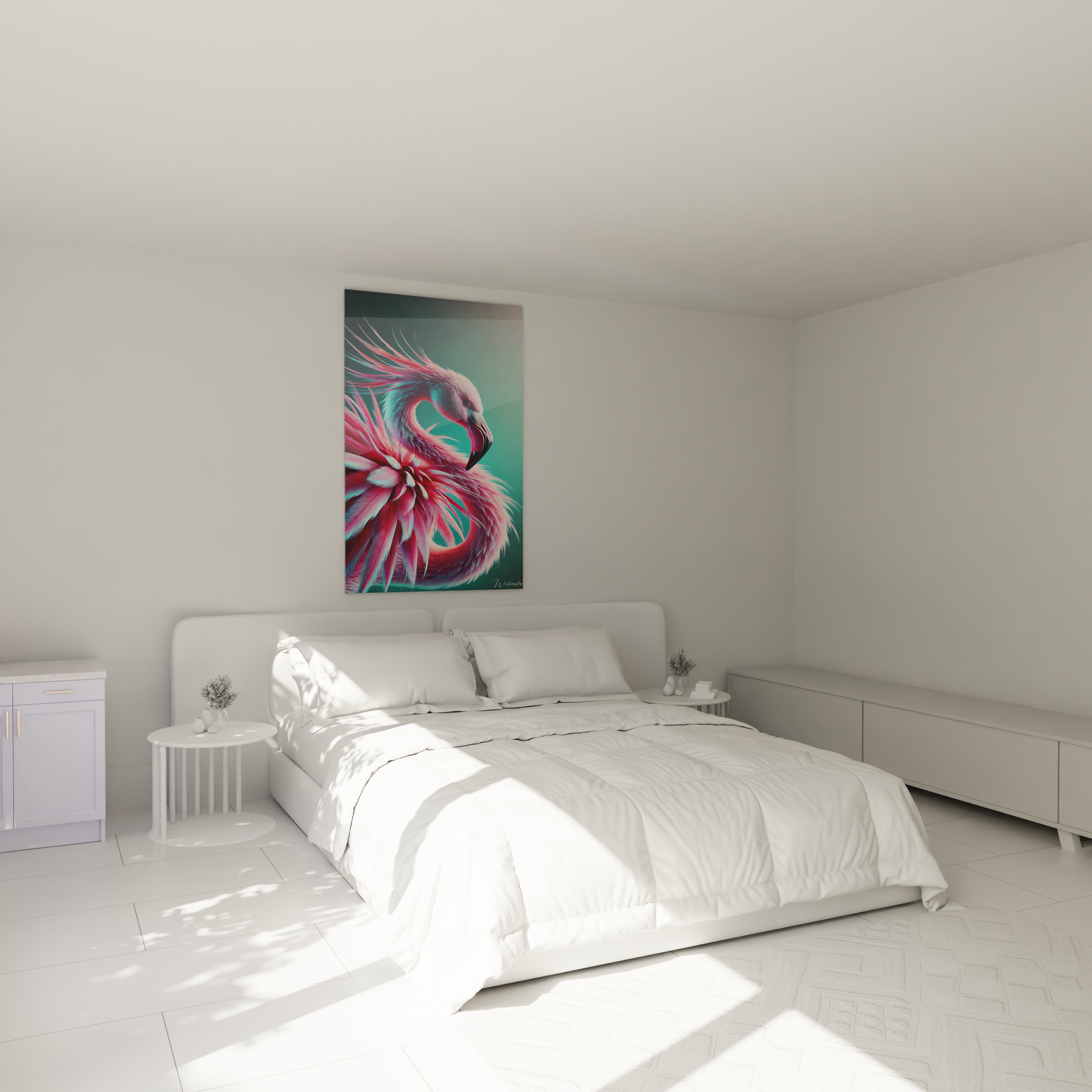 Tableau flamand rose accroché au mur dans une chambre élégante au-dessus d’un lit décor minimaliste nuances rose bleu argent ambiance apaisante et poétique parfait pour un intérieur moderne.
