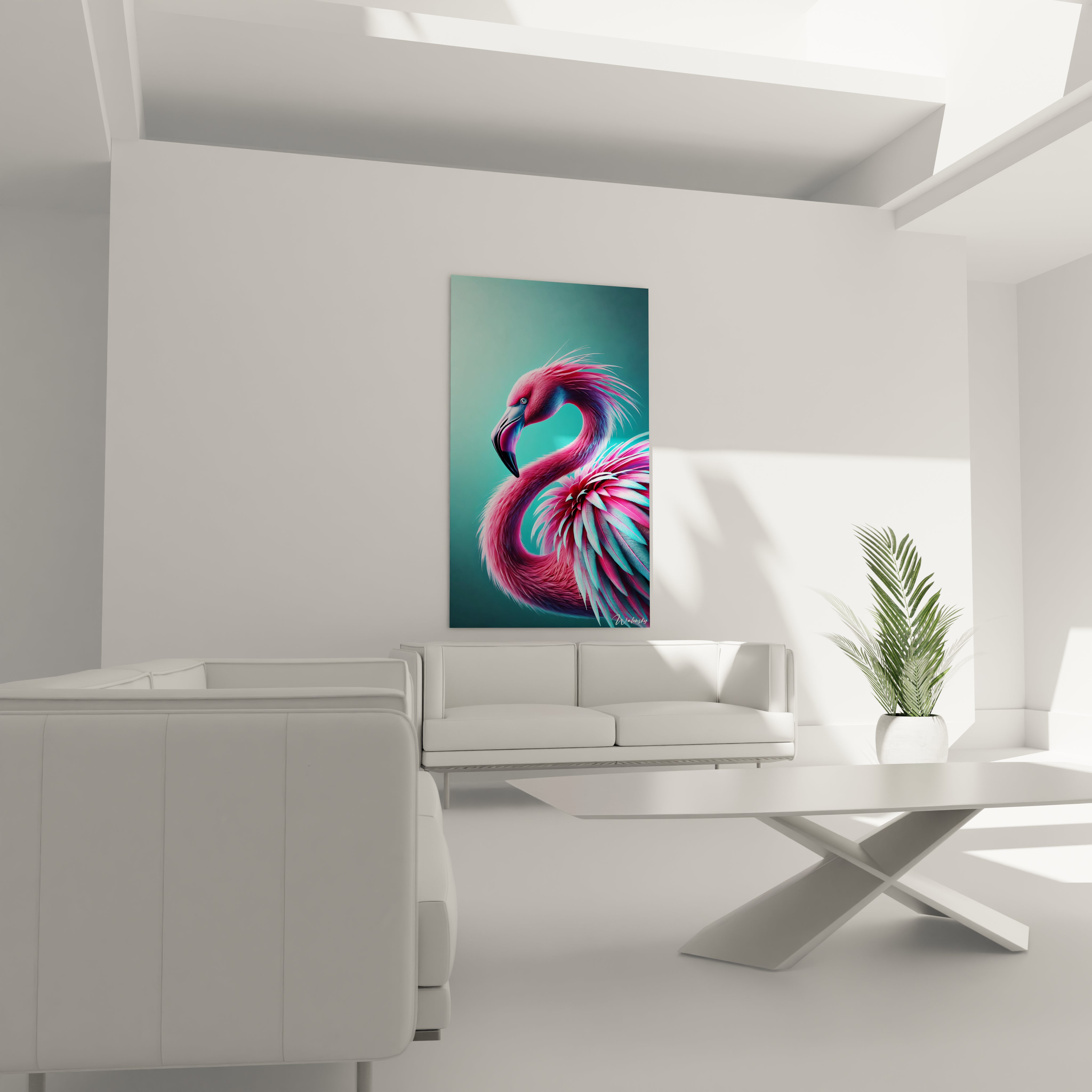 tableau flamand rose en majesté au-dessus d’un canapé dans un salon moderne avec des accessoires rose et turquoise

