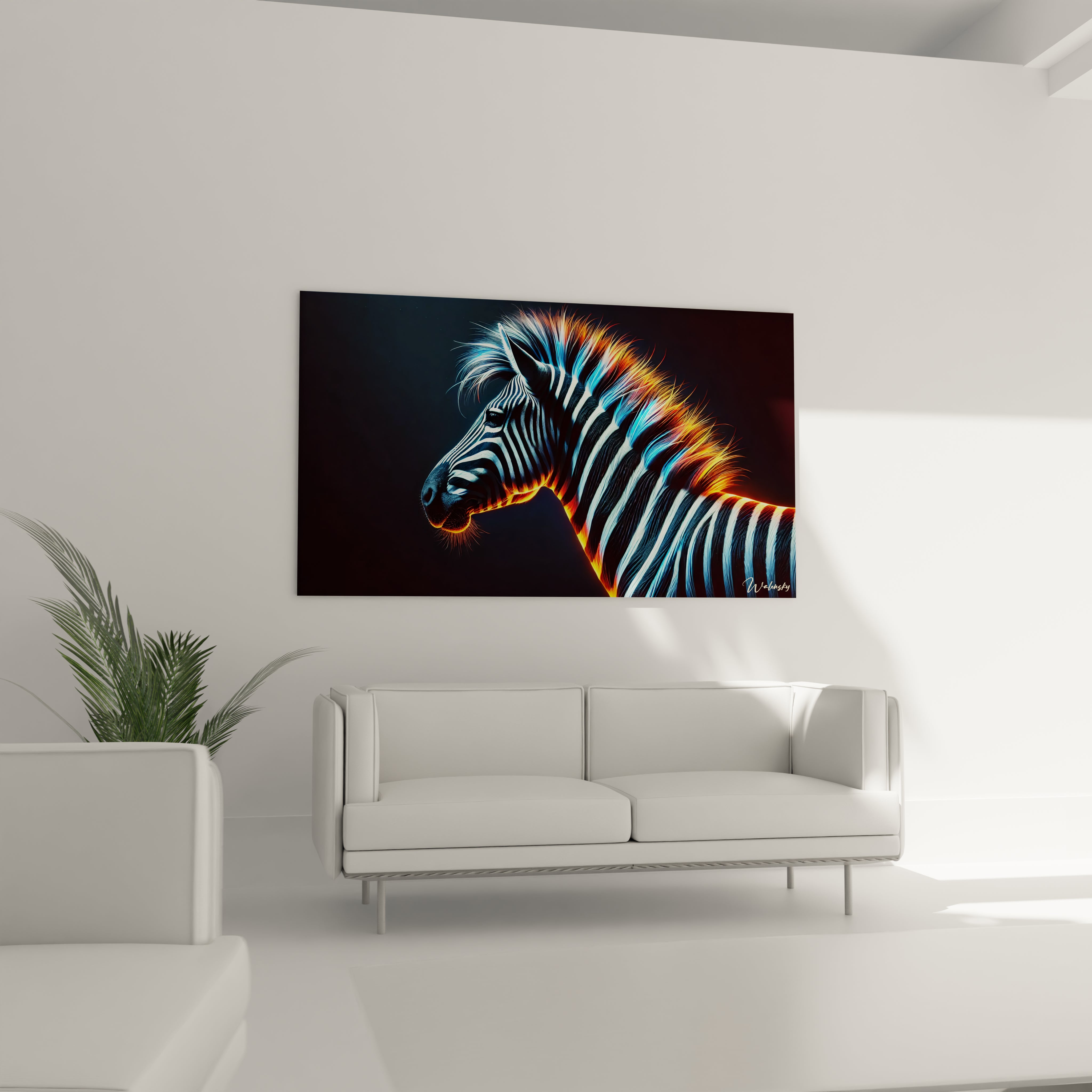 tableau zebre accroché au-dessus d’un canapé dans un salon design son réalisme captivant et ses couleurs éclatantes bleu et orange apportent une touche artistique à votre espace

