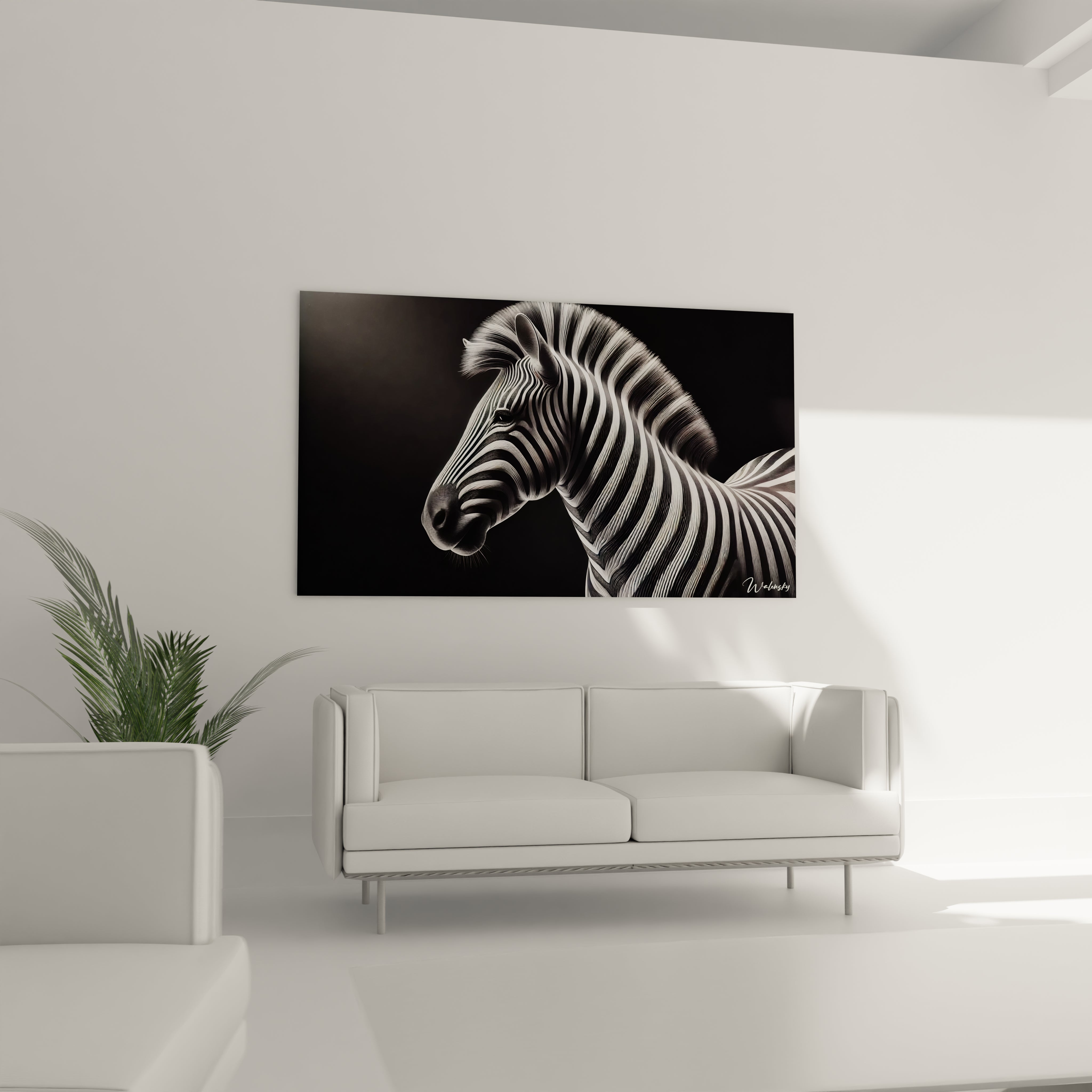 tableau zebre dans un salon au-dessus d’un canape motif naturel puissant rayures noir et blanc geometrie parfaite qui attire l’œil piece maitresse pour une decoration moderne et minimaliste

