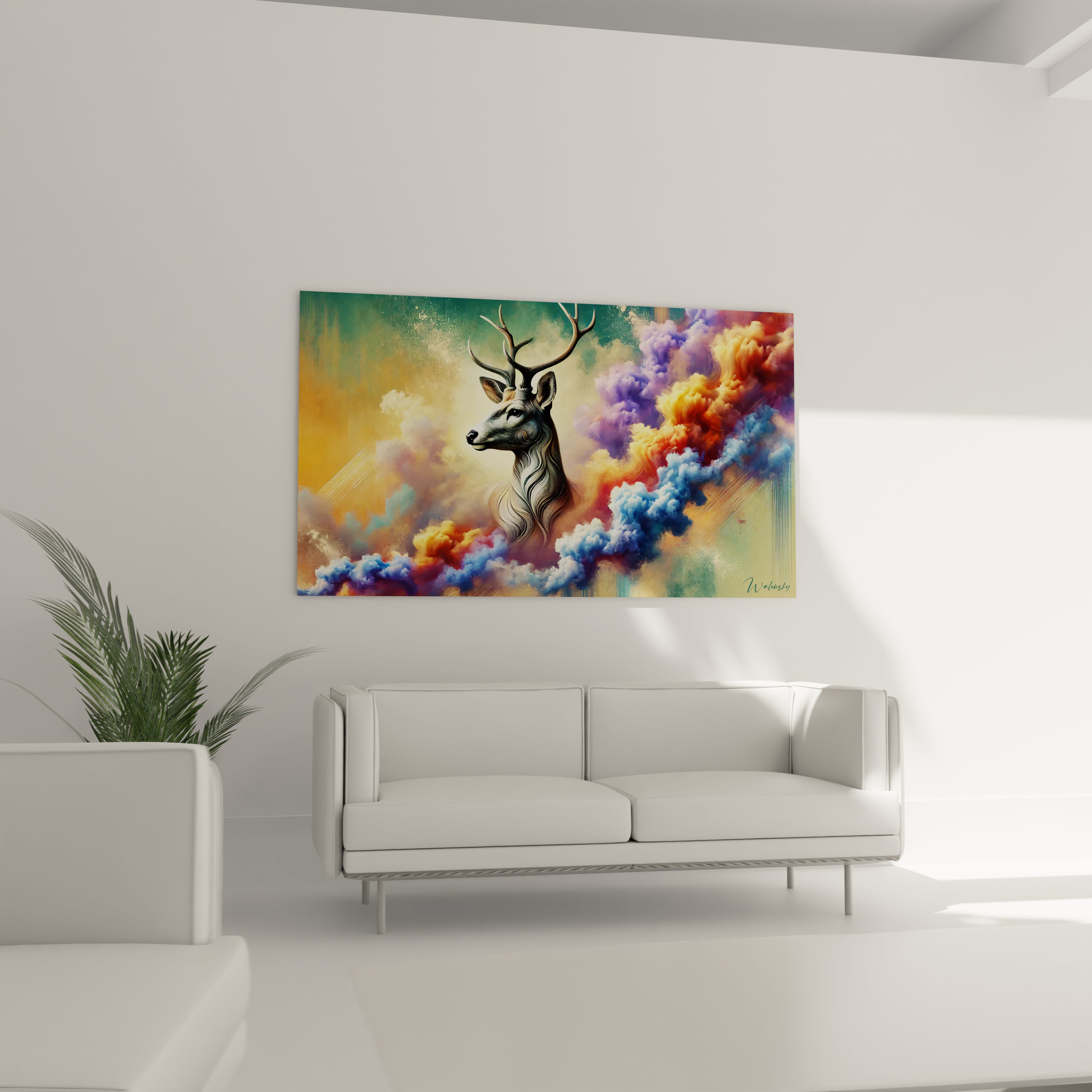 tableau cerf accroche au mur d’un salon au-dessus d’un canape des nuages pastels tourbillonnent autour d’un cerf detaille et realiste tons dore violet bleu ambiance chaleureuse et sereine


