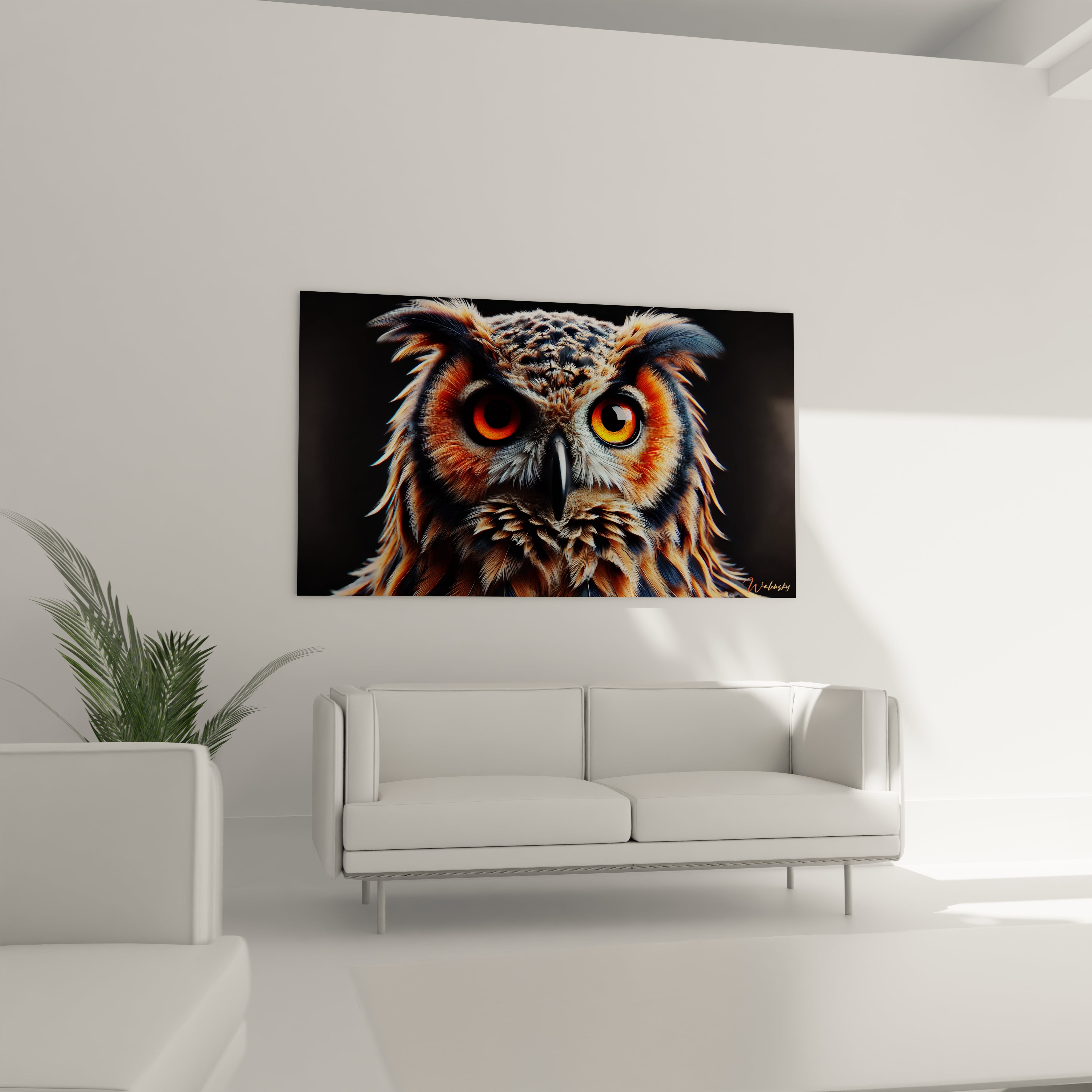 tableau hibou accroche au-dessus d’un canape dans un salon moderne offrant un point focal captivant ses plumes detaillees et ses teintes vibrantes ajoutent charme et elegance a tout interieur

