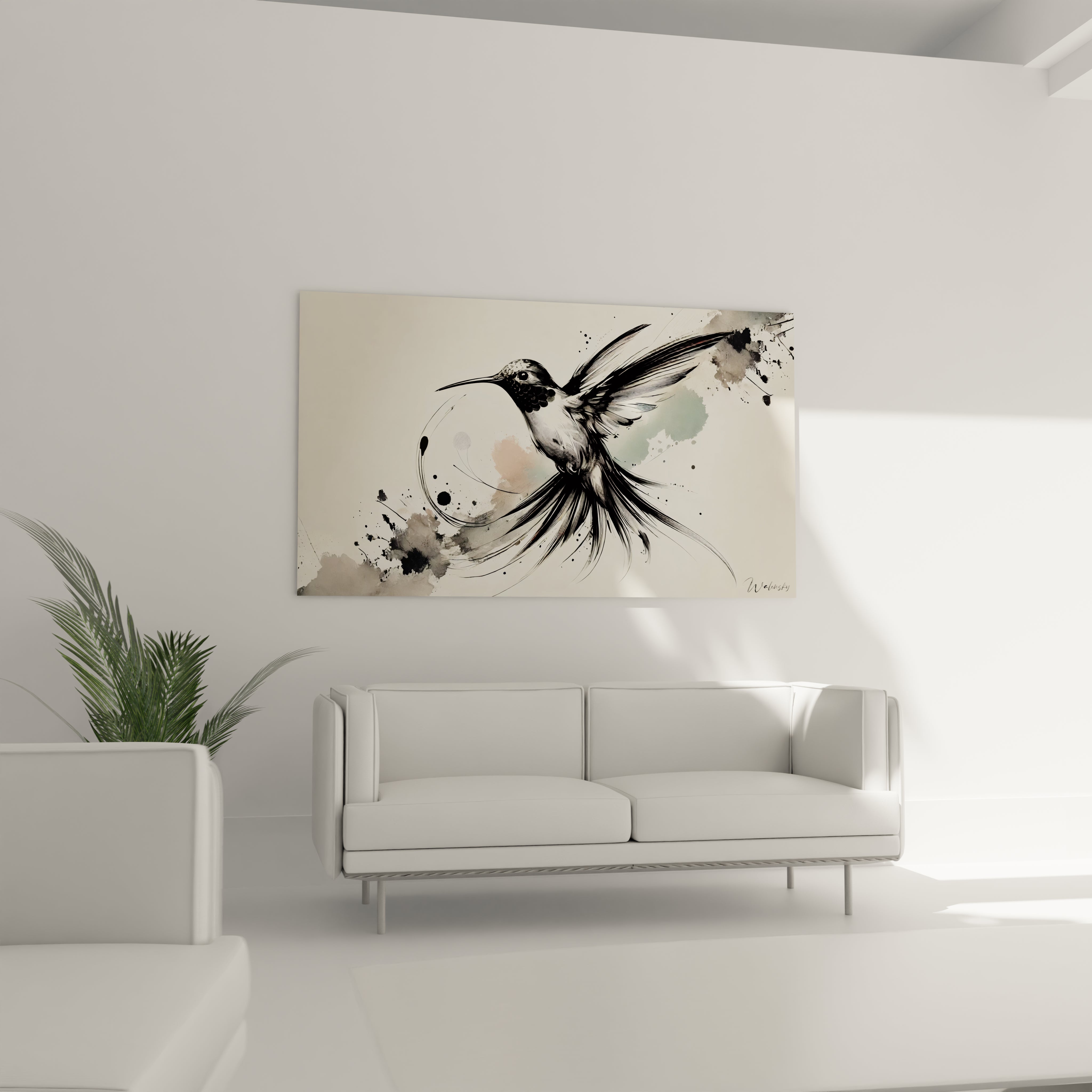 Dans un salon : tableau colibri au-dessus d’un canapé dans un intérieur moderne. Sa palette sobre et ses détails organiques ajoutent une touche artistique raffinée et intemporelle.

