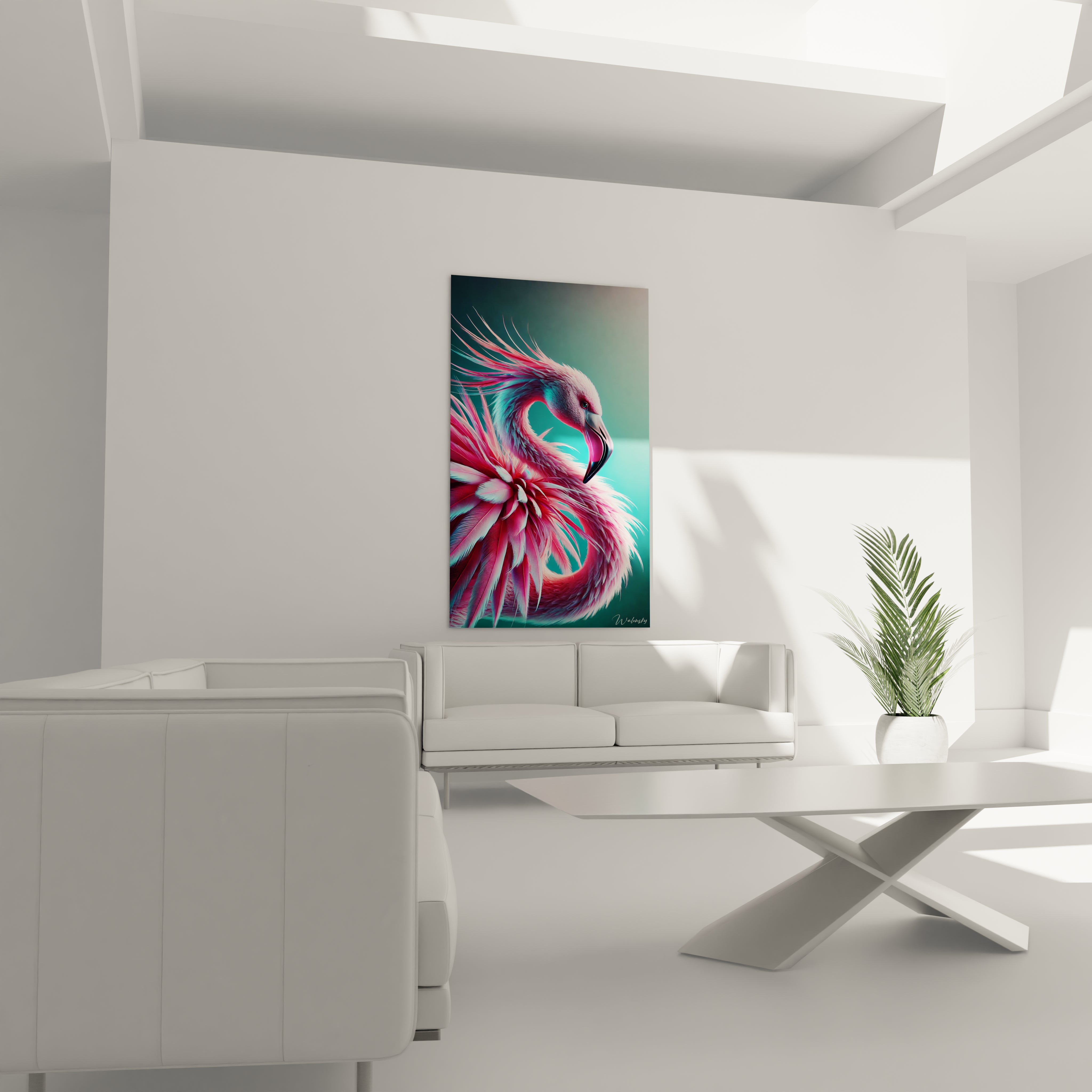 Tableau flamand rose installé dans un salon contemporain au-dessus d’un canapé décor lumineux plumes réalistes et fond abstrait tons rose bleu argent effet vibrant et artistique captivant.
