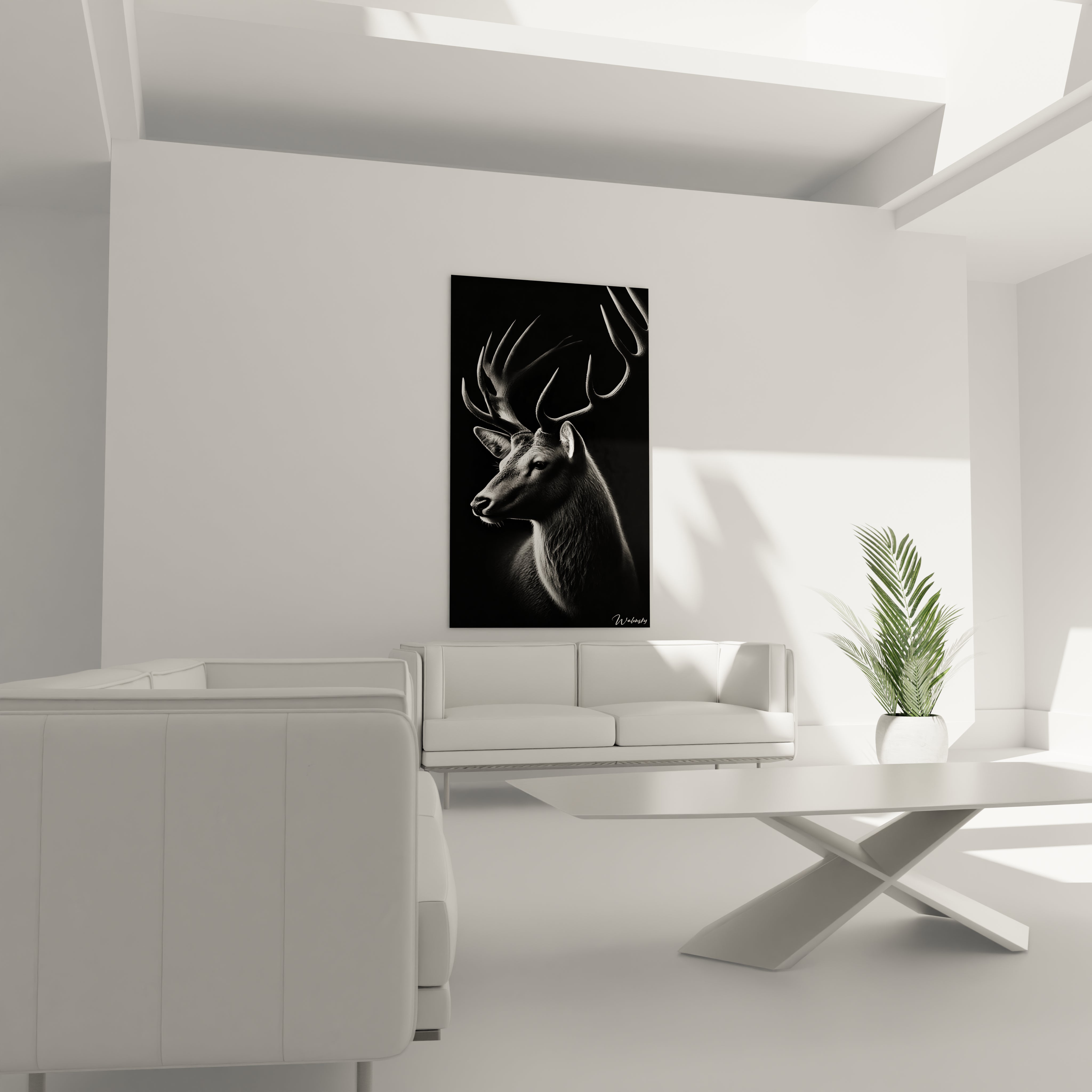 tableau cerf au-dessus d’un canapé dans un salon minimaliste noir blanc et gris cerf majestueux lumière et ombres ajoutent sophistication et profondeur ambiance intemporelle et élégante

